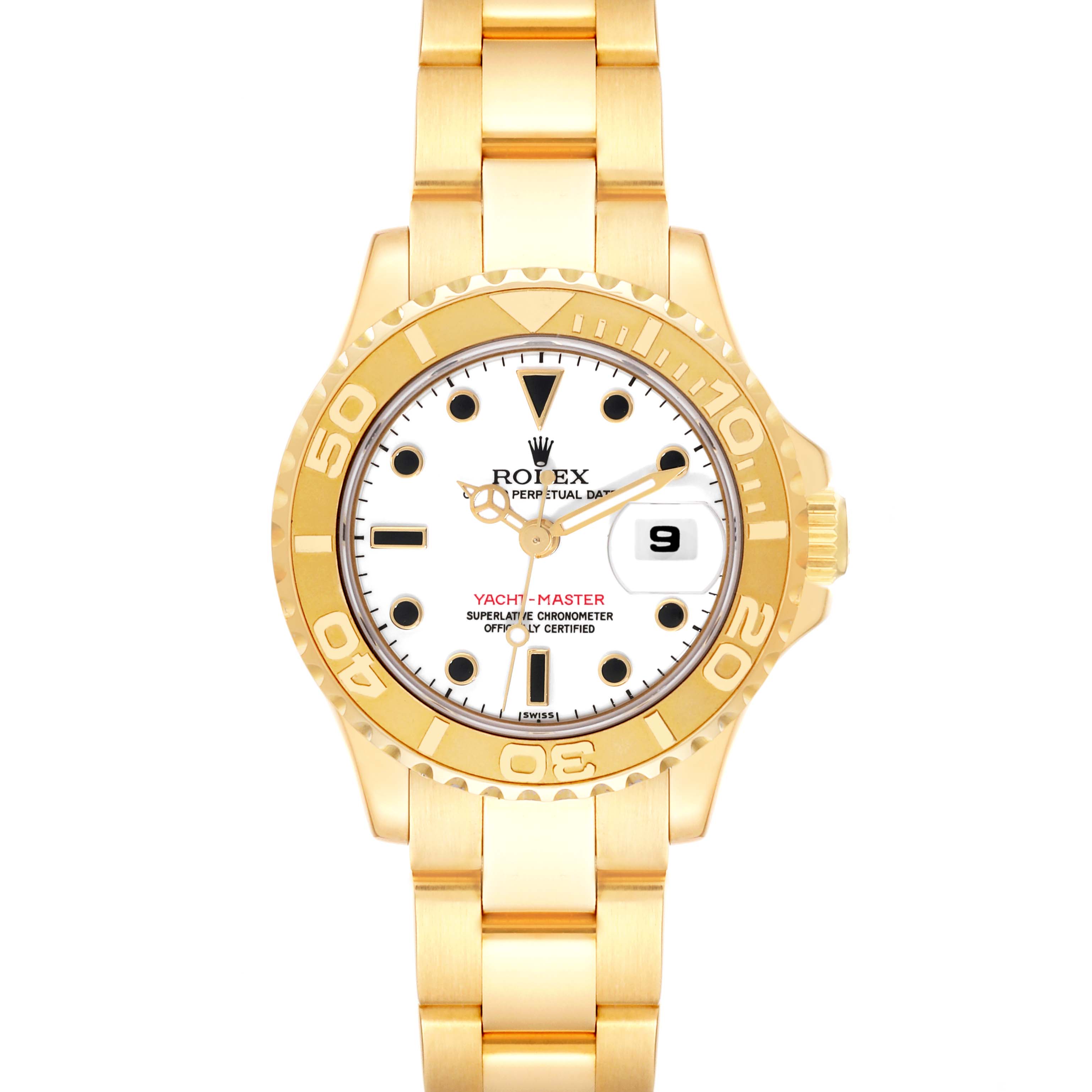 The image shows a frontal view of a Rolex Yacht-Master 69628 Women's Yellow Gold White Dial 69628 Women's Yellow Gold White Dial watch, displaying the dial, bezel, crown, and bracelet.