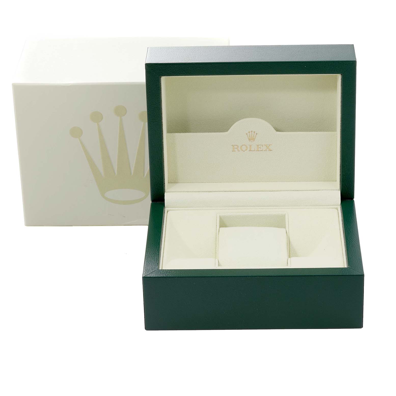 The image shows an open Rolex Yacht-Master 69628 Women's Yellow Gold White Dial 69628 Women's Yellow Gold White Dial watch box with the cushion inside and the outer box behind it.