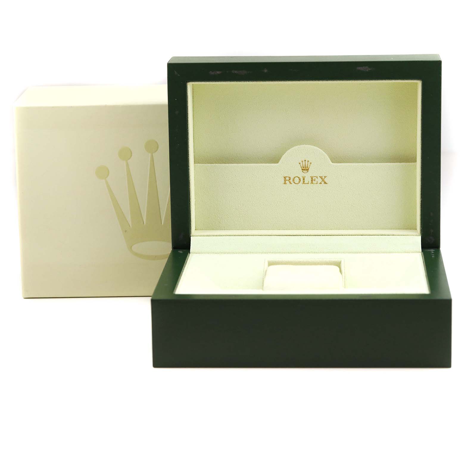 The image shows an open green and beige Rolex watch box for the Yacht-Master model, with the Rolex logo inside.