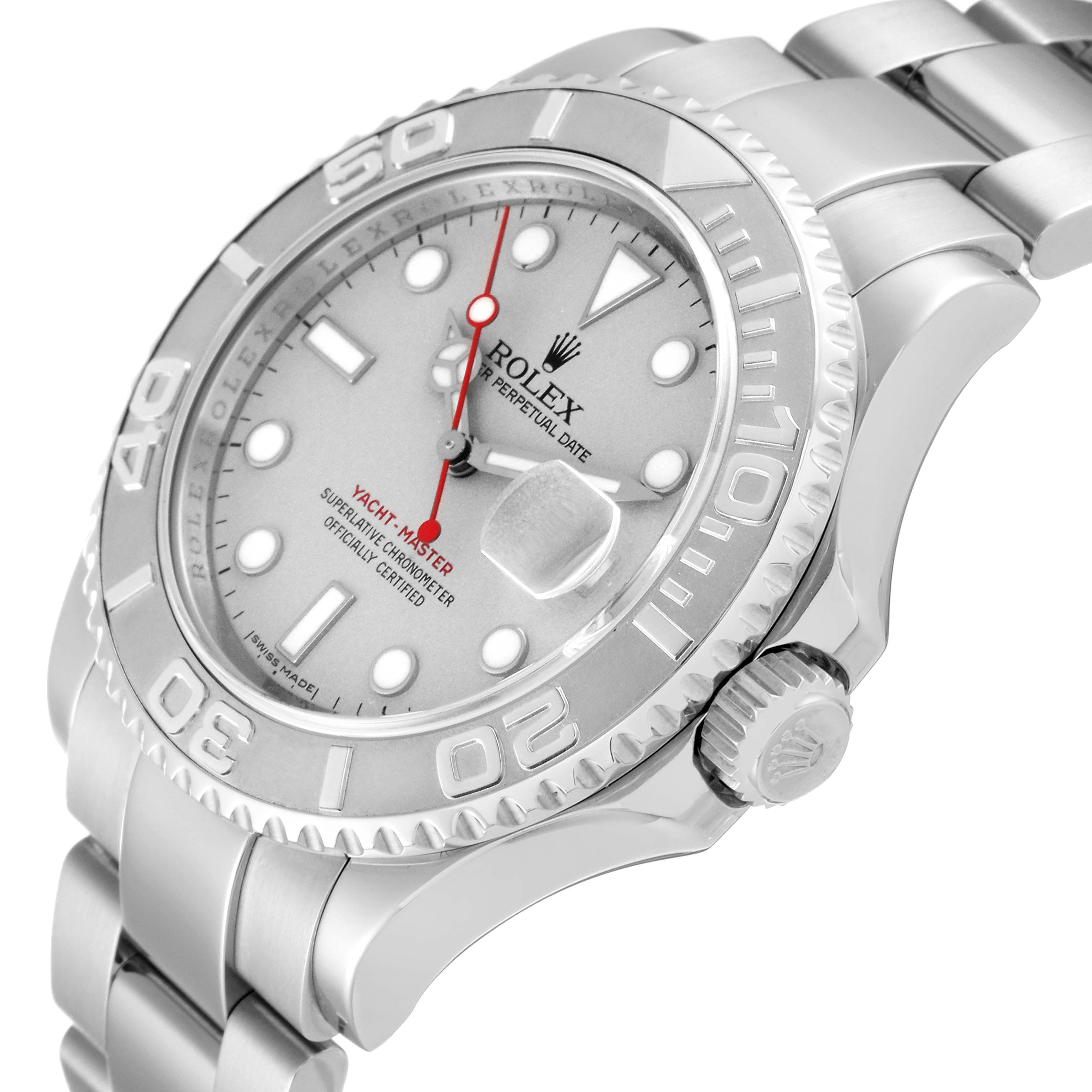 The image shows a Rolex Yacht-Master 16622 Men's Stainless Steel Silver Dial 16622 Men's Stainless Steel Silver Dial watch at an angle highlighting its bezel, crown, bracelet, and dial.