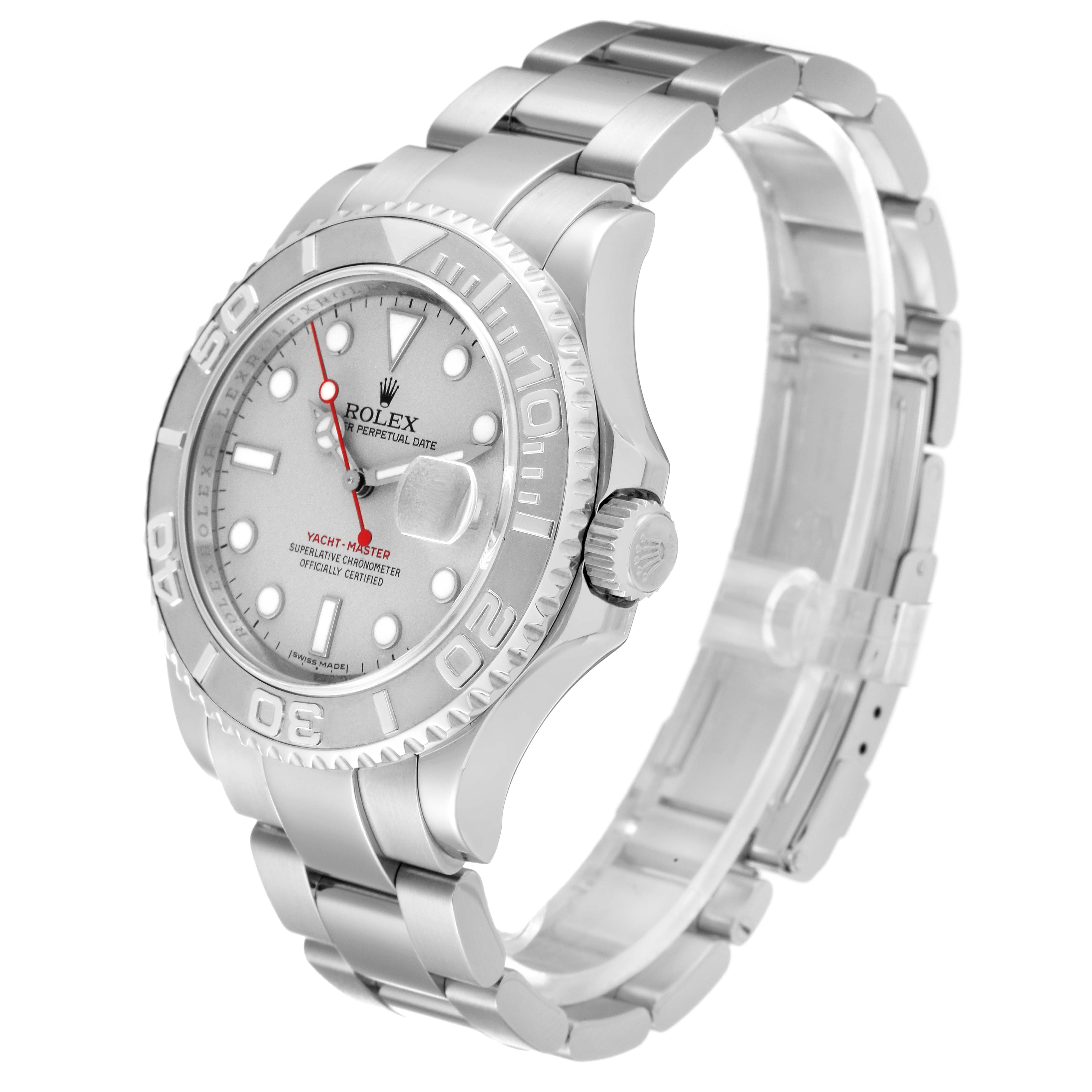 The image shows the Rolex Yacht-Master 16622 Men's Stainless Steel Silver Dial 16622 Men's Stainless Steel Silver Dial watch, angled to highlight the face, bezel, and part of the bracelet.