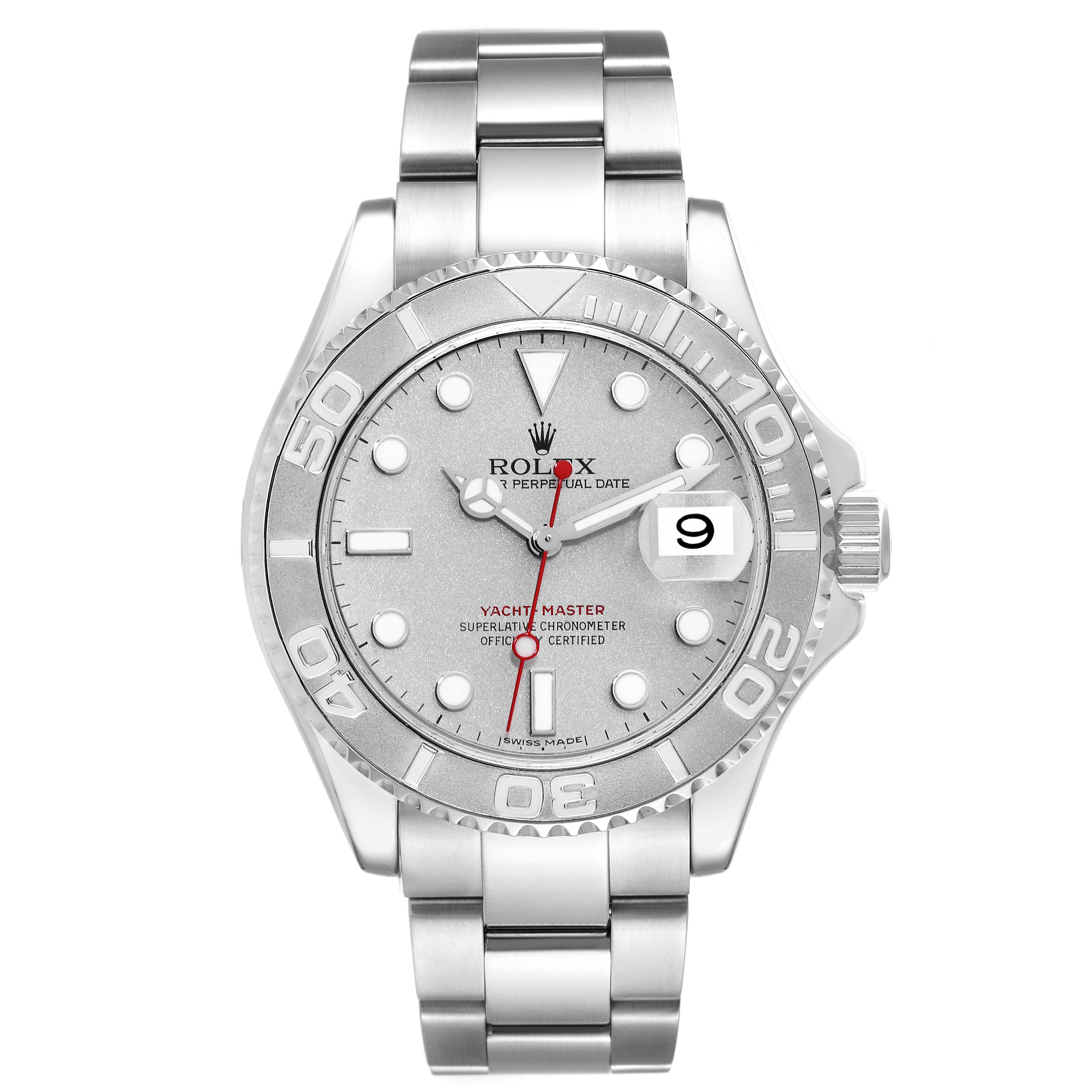 The image shows a frontal view of a Rolex Yacht-Master 16622 Men's Stainless Steel Silver Dial 16622 Men's Stainless Steel Silver Dial watch, highlighting the dial, bezel, and bracelet.