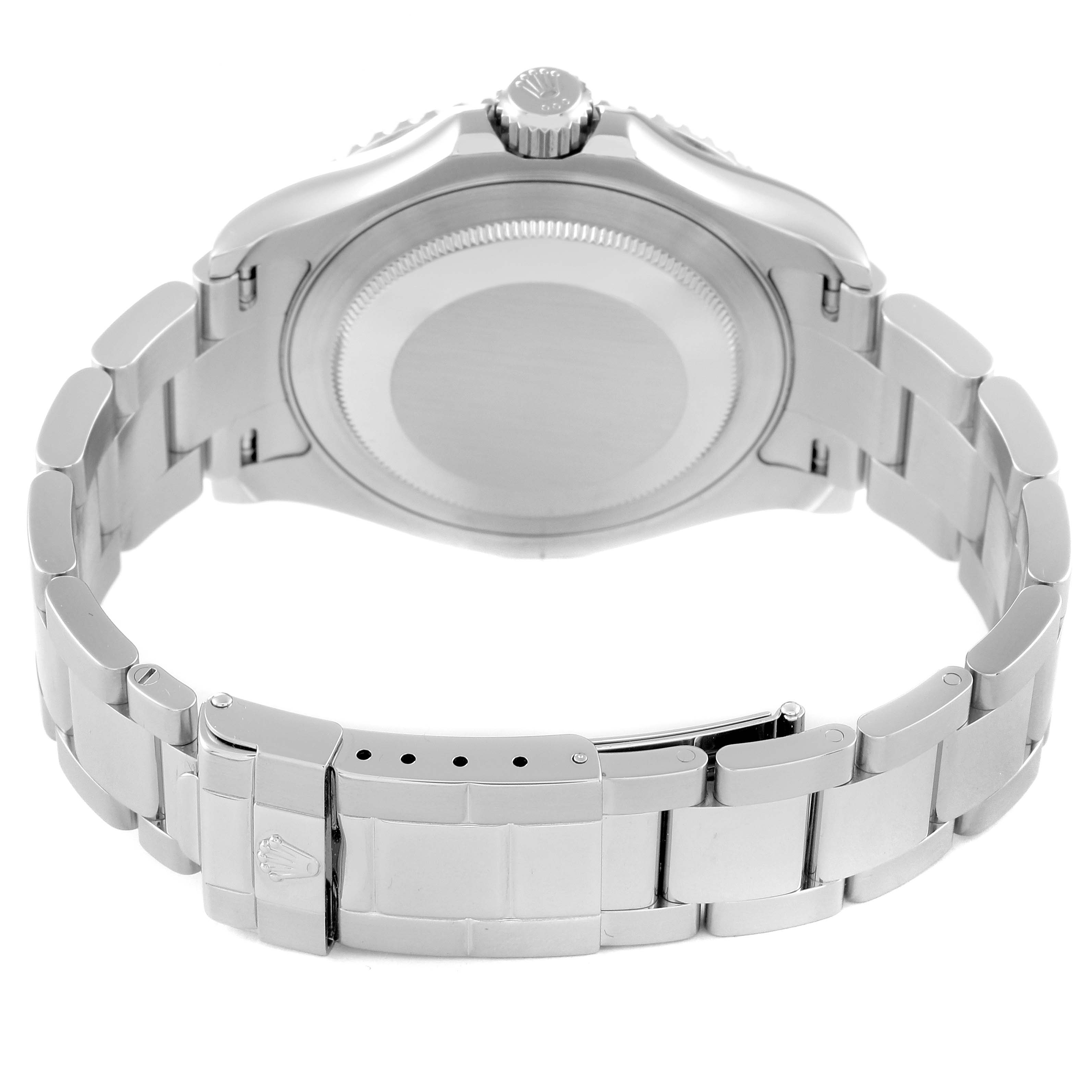 This Rolex Yacht-Master 16622 Men's Stainless Steel Silver Dial 16622 Men's Stainless Steel Silver Dial watch is shown from the back, highlighting the bracelet, clasp, and caseback.