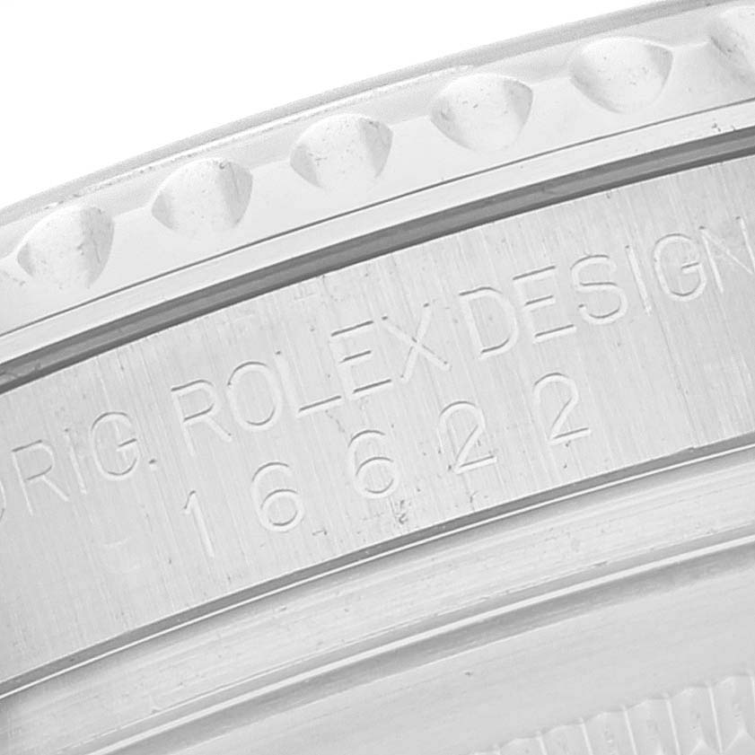 The image shows a close-up of the bezel and case side of a Rolex Yacht-Master 16622 Men's Stainless Steel Silver Dial 16622 Men's Stainless Steel Silver Dial watch with the model number engraved.