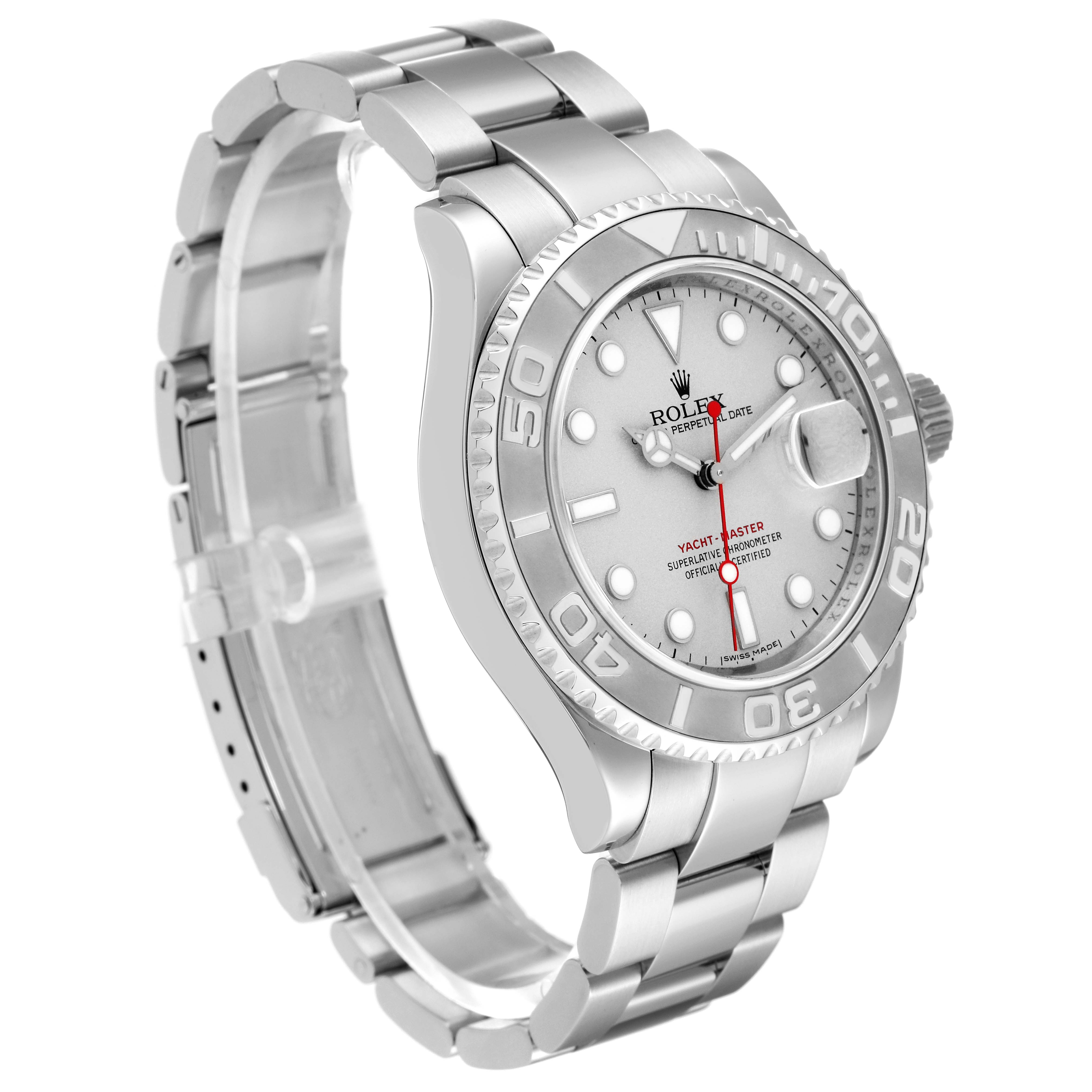 The Rolex Yacht-Master 16622 Men's Stainless Steel Silver Dial 16622 Men's Stainless Steel Silver Dial watch is shown at a slight angle, showcasing the face, bezel, crown, and bracelet.