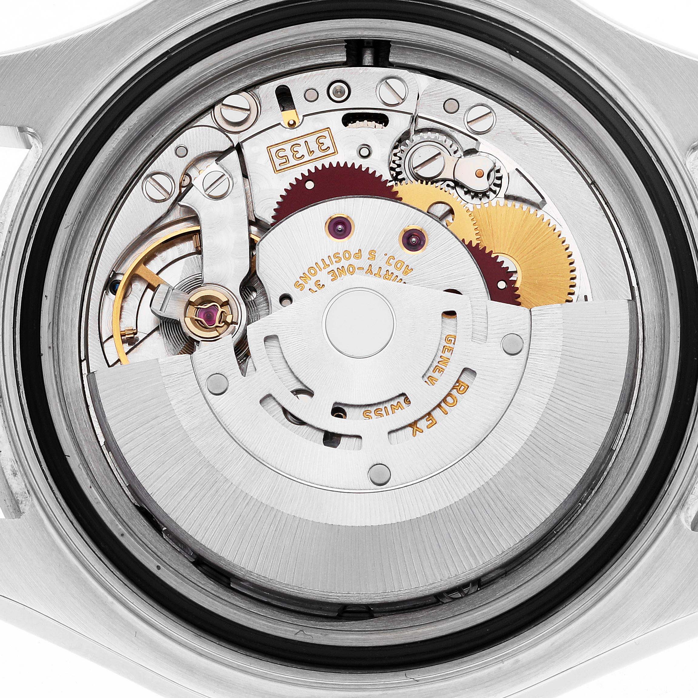 This image shows the intricate internal mechanism of a Rolex Yacht-Master 16622 Men's Stainless Steel Silver Dial 16622 Men's Stainless Steel Silver Dial watch viewed from the back.