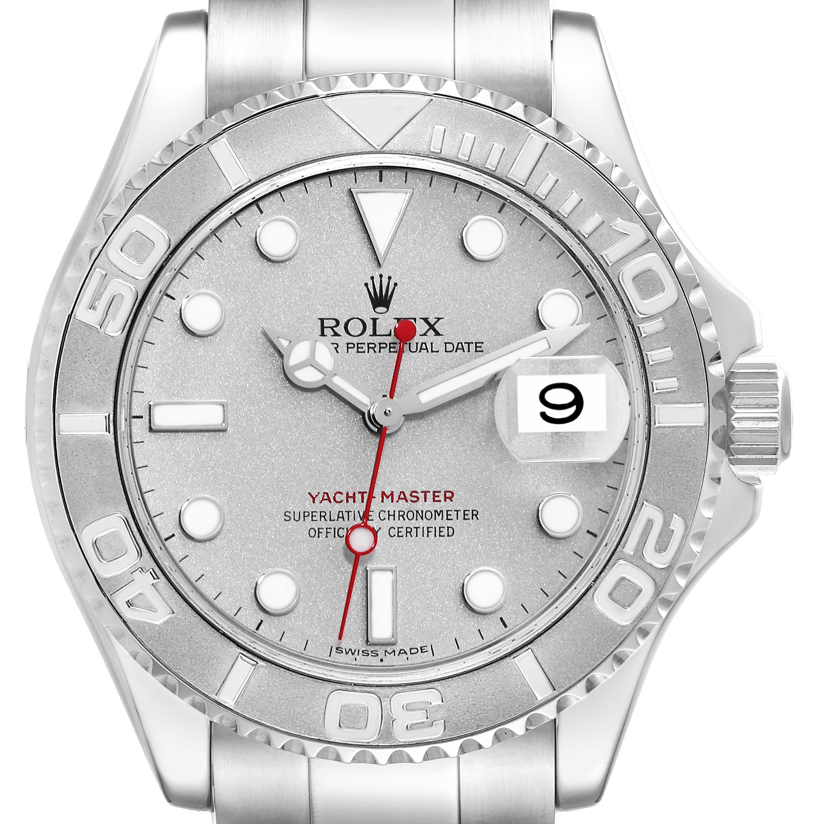 This image shows a front view of the Rolex Yacht-Master 16622 Men's Stainless Steel Silver Dial 16622 Men's Stainless Steel Silver Dial watch, highlighting the dial, bezel, hands, and bracelet.