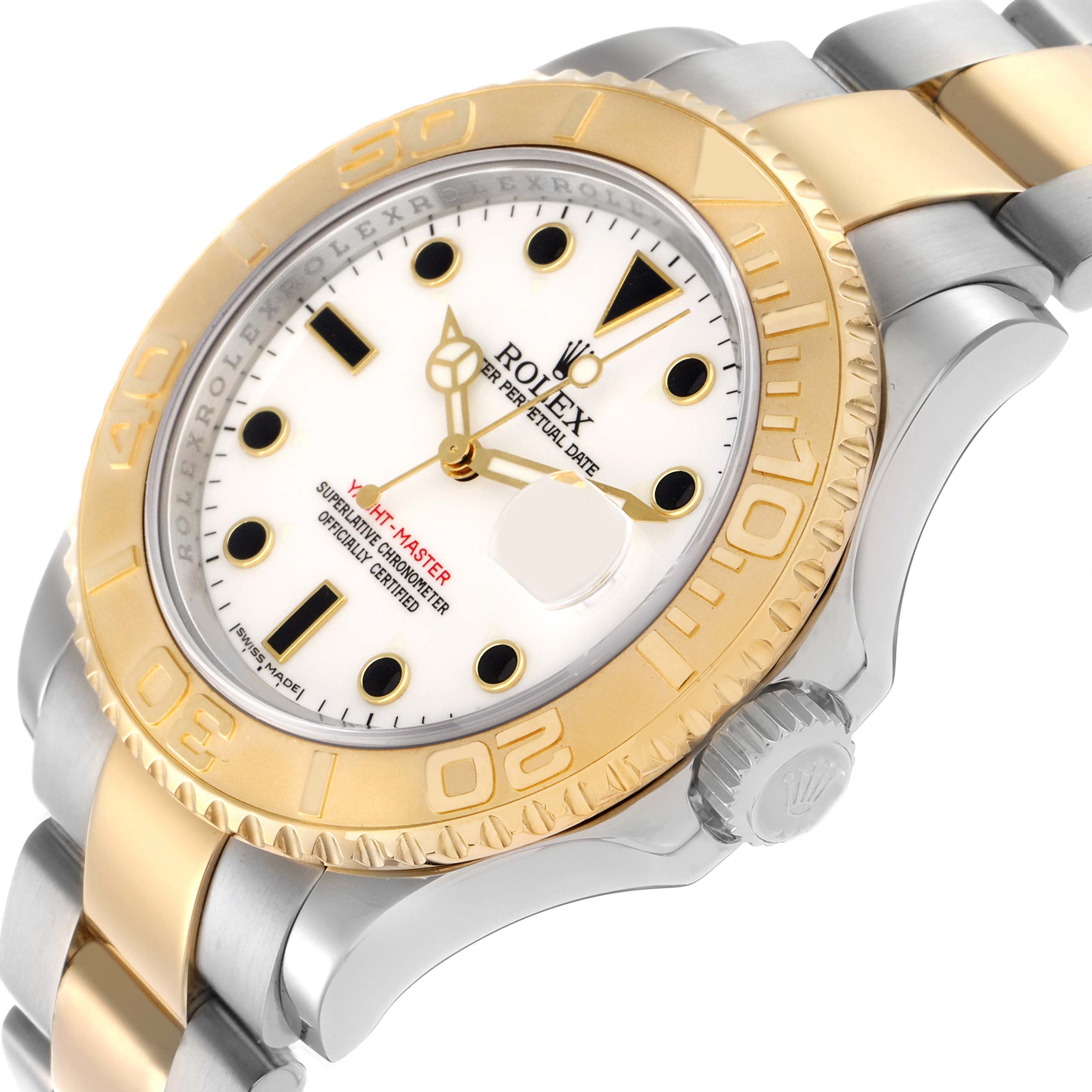 The Rolex Yacht-Master 16623 Men's Steel and Gold (two tone) White Dial watch is shown at an angle highlighting the bezel, dial, and part of the bracelet, featuring a mix of gold and silver tones.
