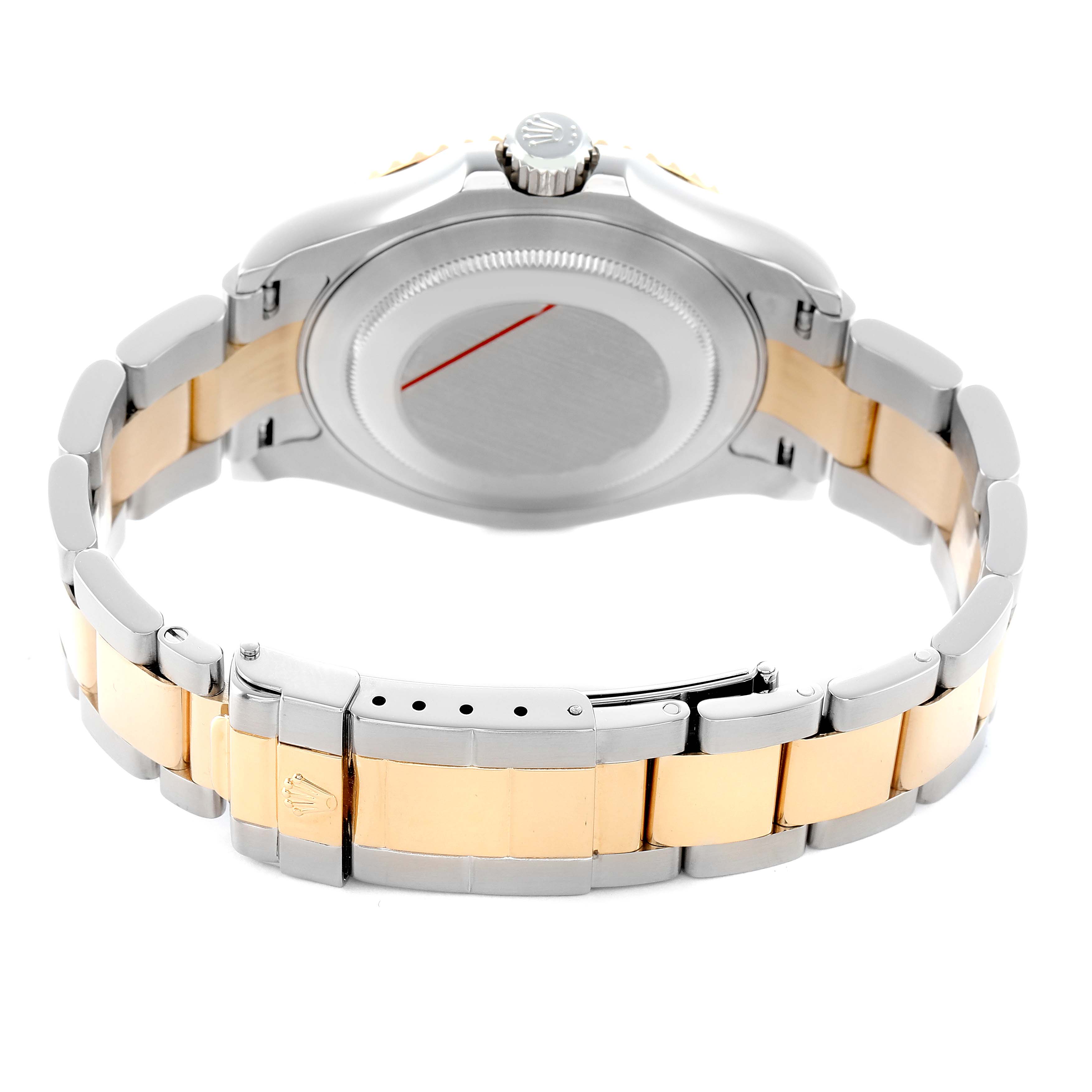 The image shows the back and bracelet of a Rolex Yacht-Master 16623 Men's Steel and Gold (two tone) White Dial watch, highlighting the clasp and two-tone metal design.