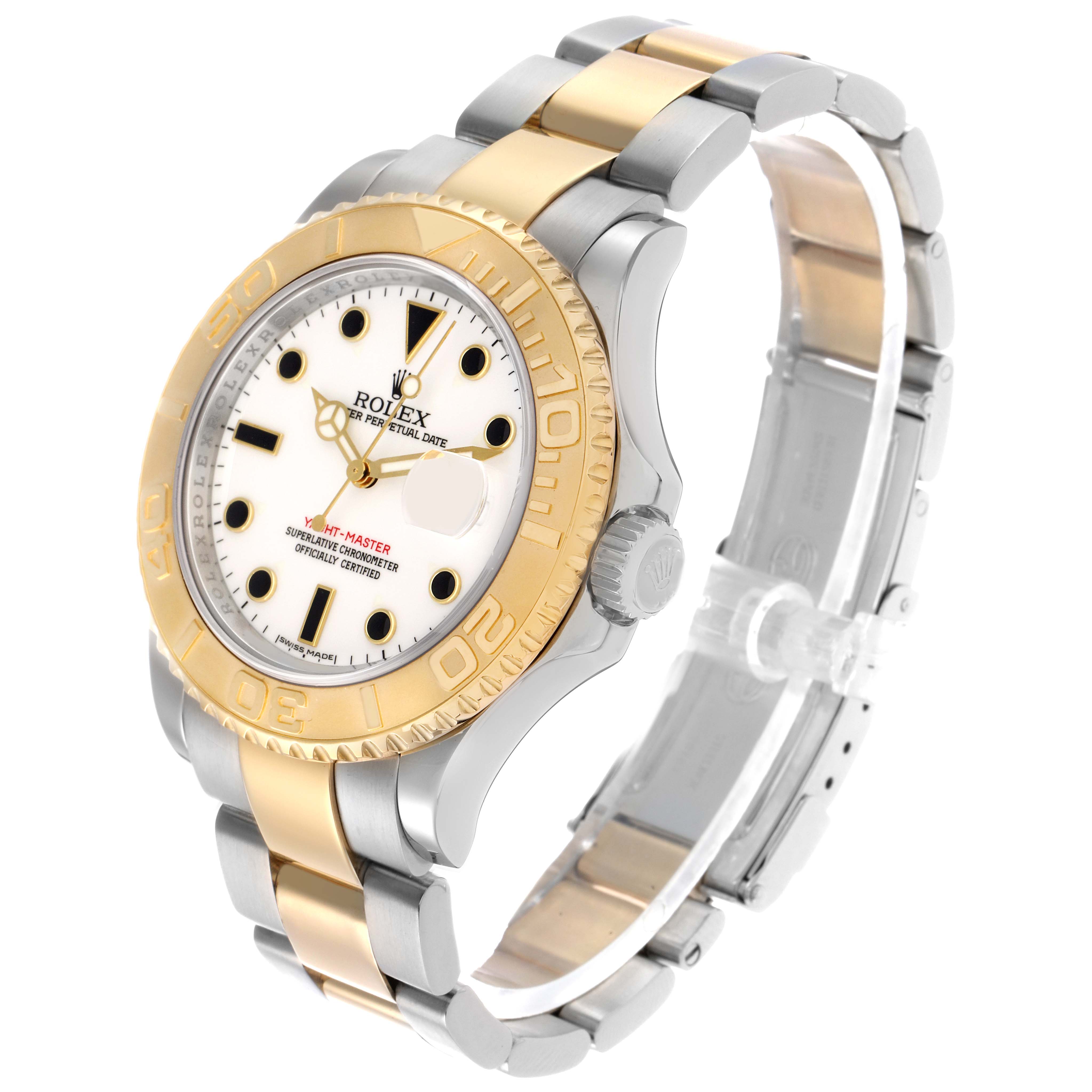 The Rolex Yacht-Master 16623 Men's Steel and Gold (two tone) White Dial watch is shown at a slight angle, highlighting the two-tone bracelet and the gold bezel with its crown.