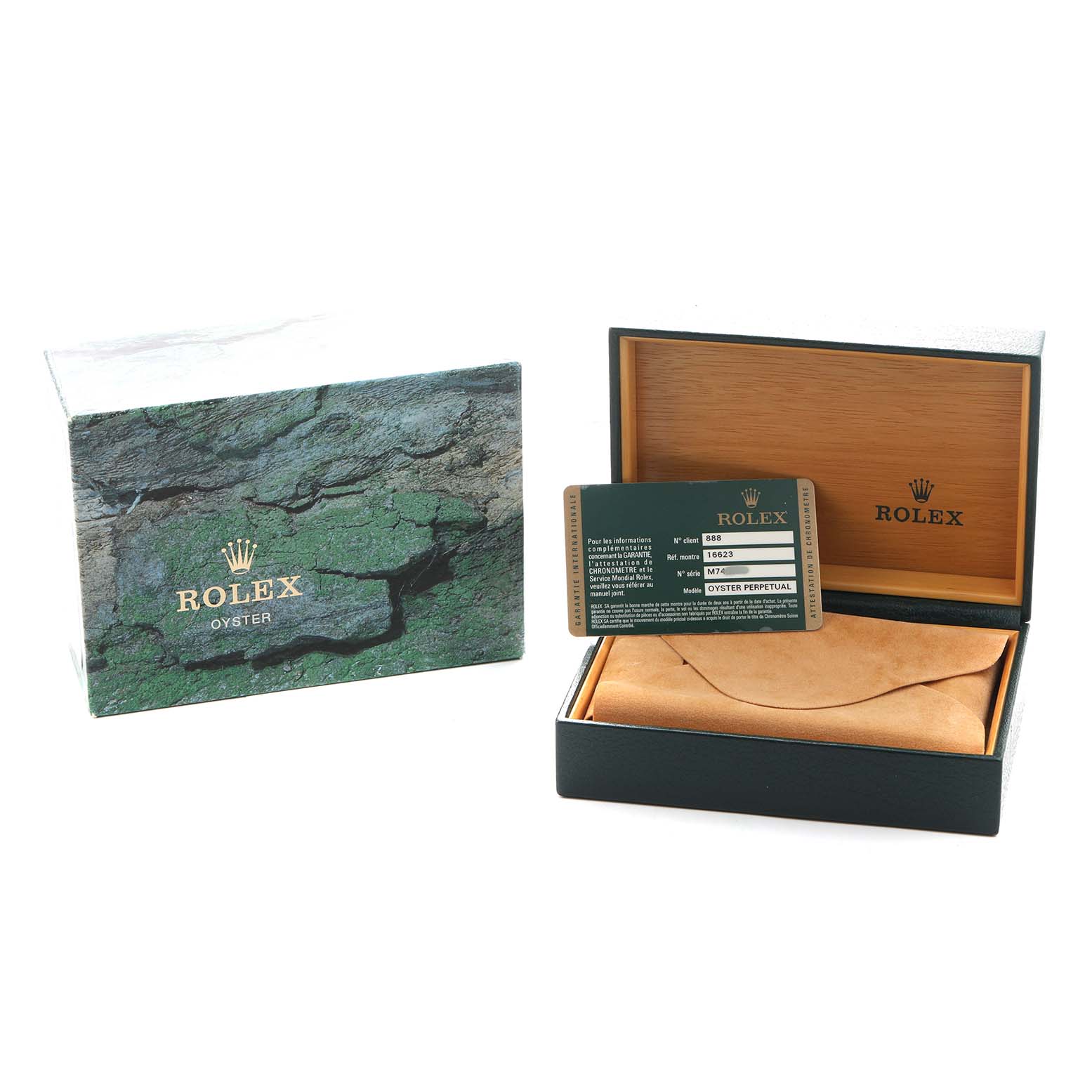 The image shows a Rolex Yacht-Master 16623 Men's Steel and Gold (two tone) White Dial box, warranty card, and packaging at a slight angle.