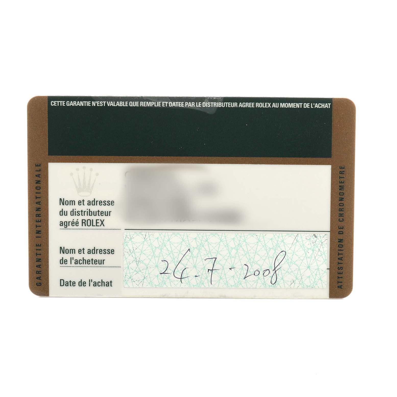 The image shows a warranty card for a Rolex Yacht-Master 16623 Men's Steel and Gold (two tone) White Dial watch, viewed from the front.