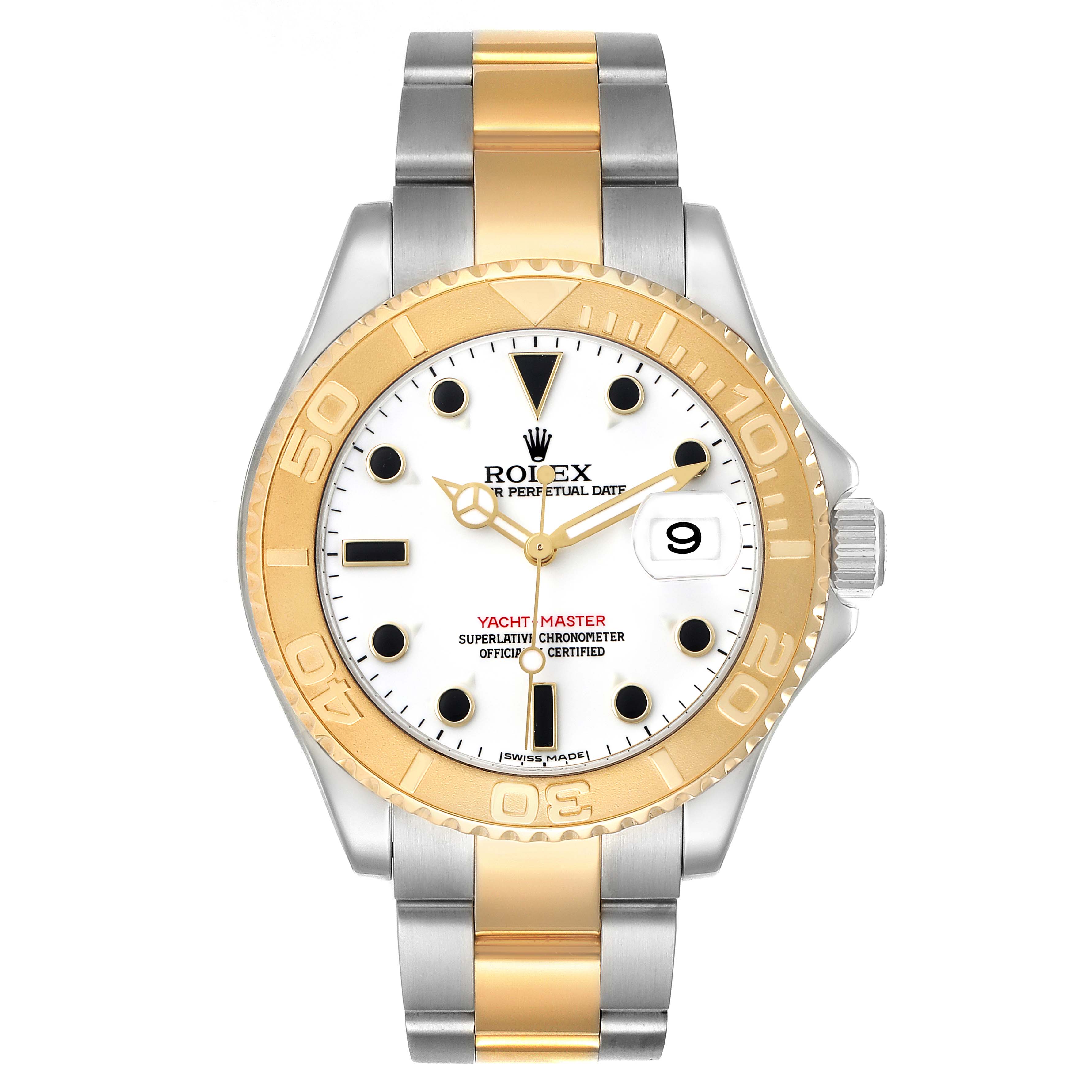 The Rolex Yacht-Master 16623 Men's Steel and Gold (two tone) White Dial watch is shown from the front, displaying its bezel, dial, hands, date window, and bracelet.