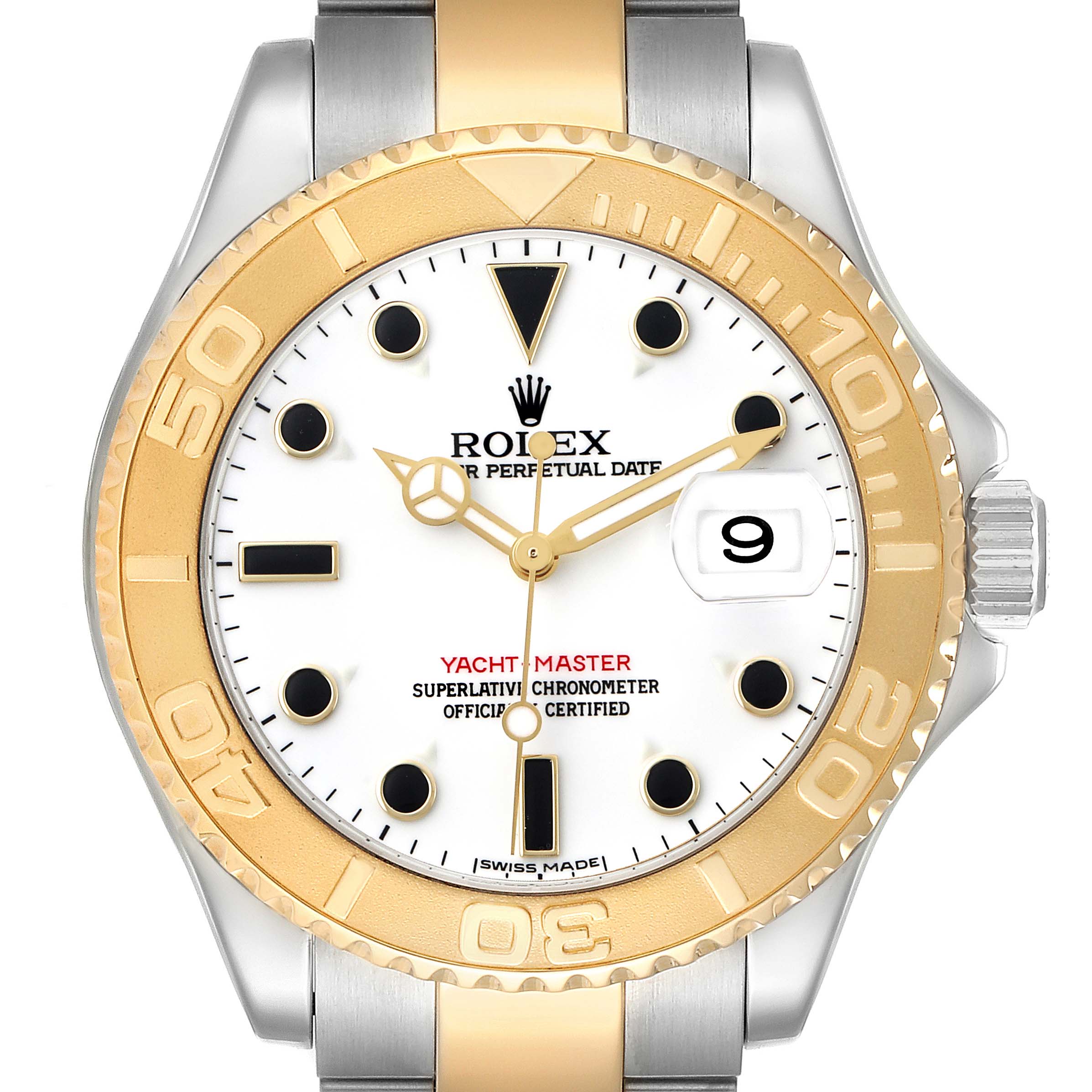The Rolex Yacht-Master 16623 Men's Steel and Gold (two tone) White Dial watch is shown from the front, displaying its gold bezel, dial, hands, and date window.