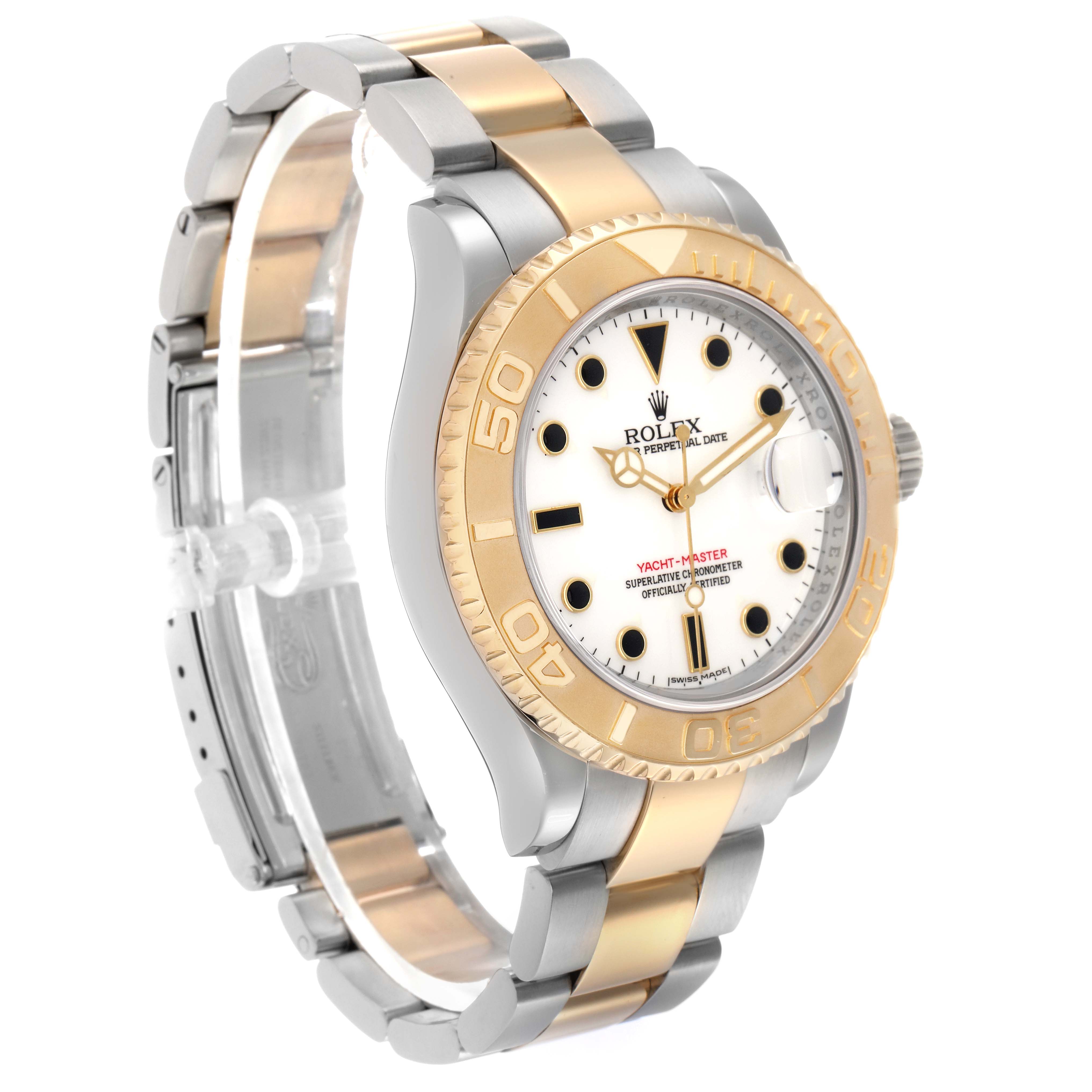 The Rolex Yacht-Master 16623 Men's Steel and Gold (two tone) White Dial watch is shown at a side angle, displaying the dial, bezel, and two-tone bracelet.