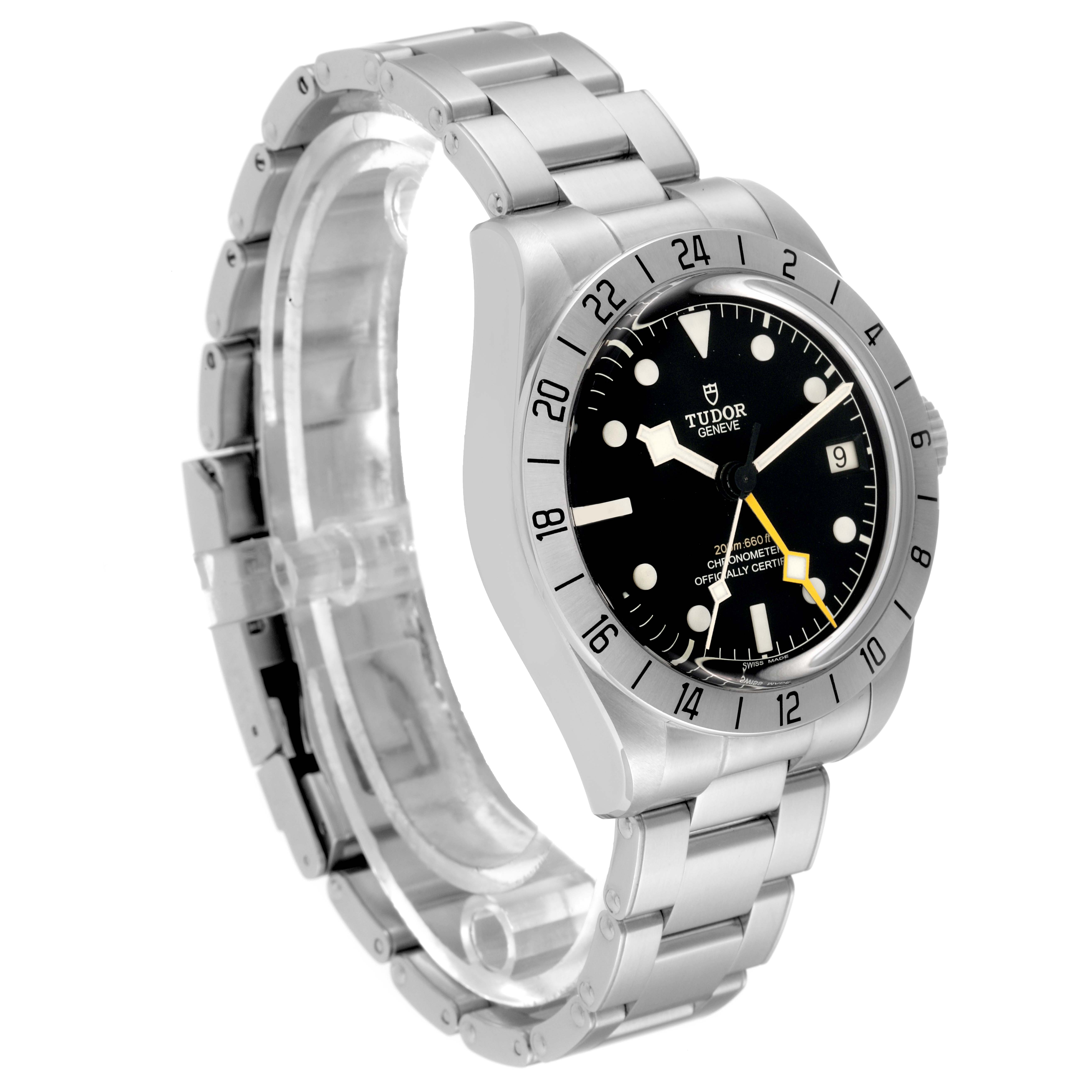 The image shows the Tudor Heritage Black Bay M79470 Men
s Stainless Steel Black Dial M79470 Men
s Stainless Steel Black Dial watch at an angled side view, highlighting the dial, bezel, and bracelet.