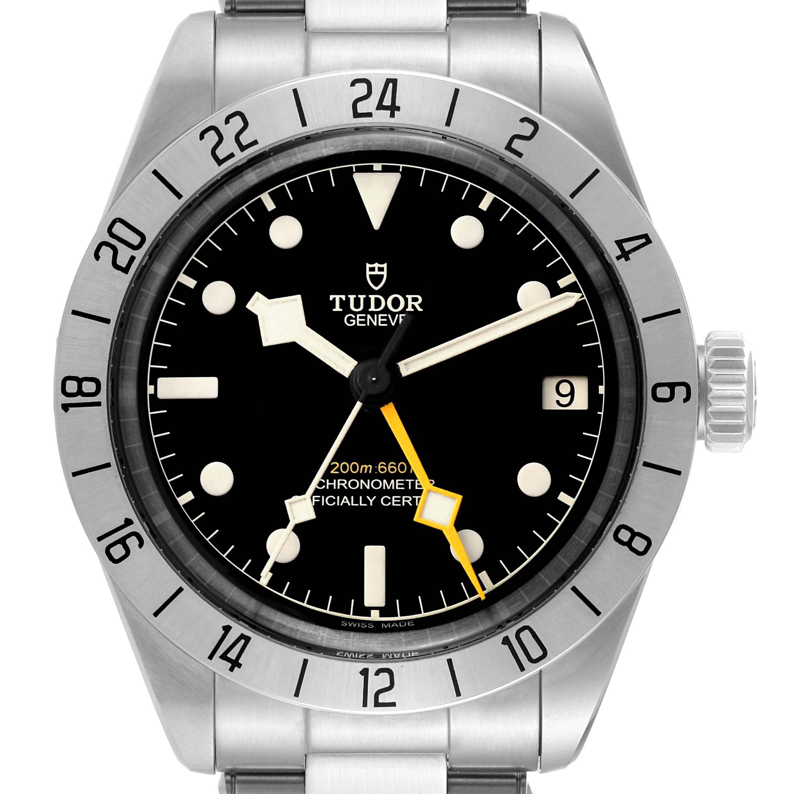 This image shows a front view of the Tudor Heritage Black Bay M79470 Men
s Stainless Steel Black Dial M79470 Men
s Stainless Steel Black Dial watch, highlighting the dial, bezel, hands, and bracelet.