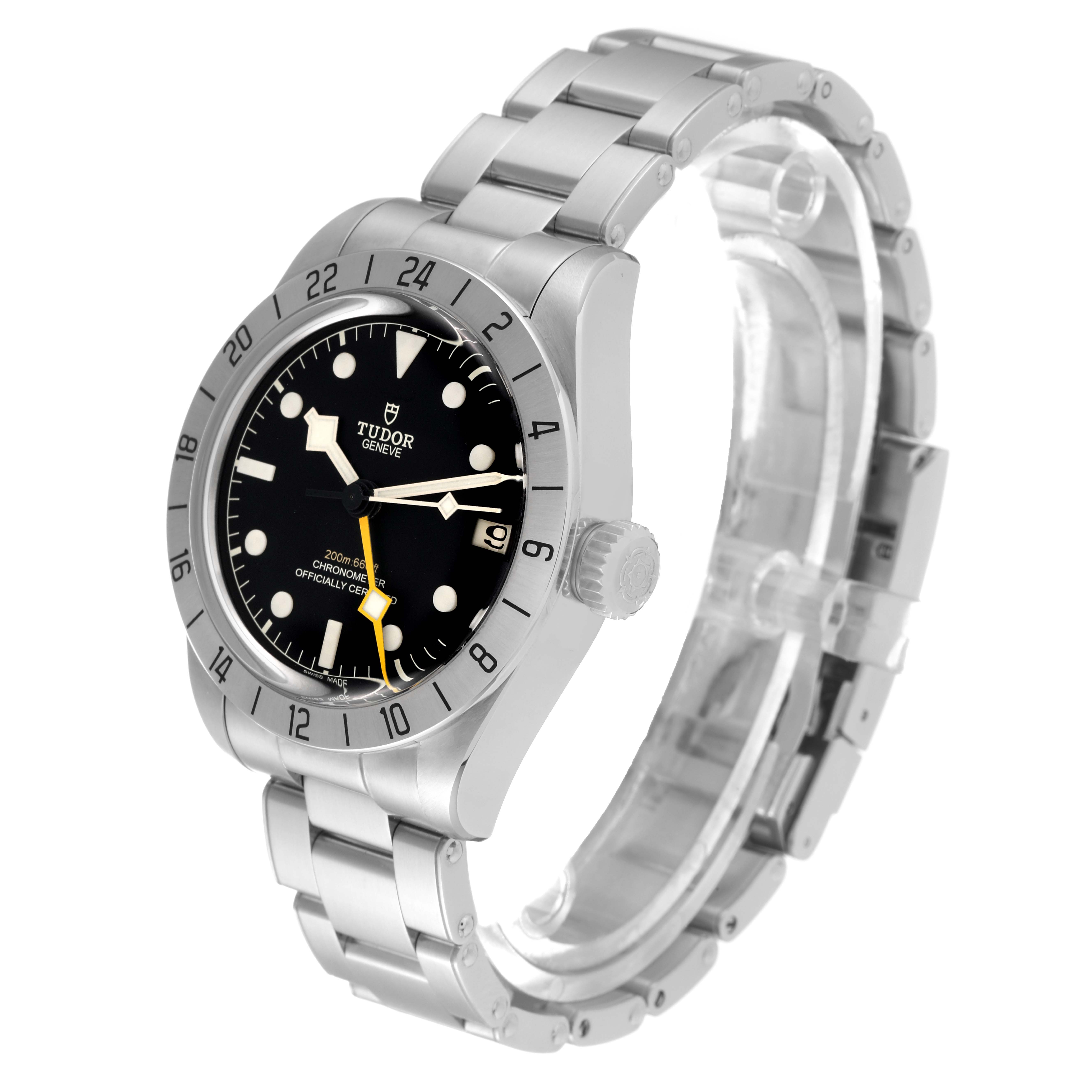 The image shows the Tudor Heritage Black Bay M79470 Men
s Stainless Steel Black Dial M79470 Men
s Stainless Steel Black Dial watch from a three-quarter angle, highlighting the face, bezel, crown, and bracelet.