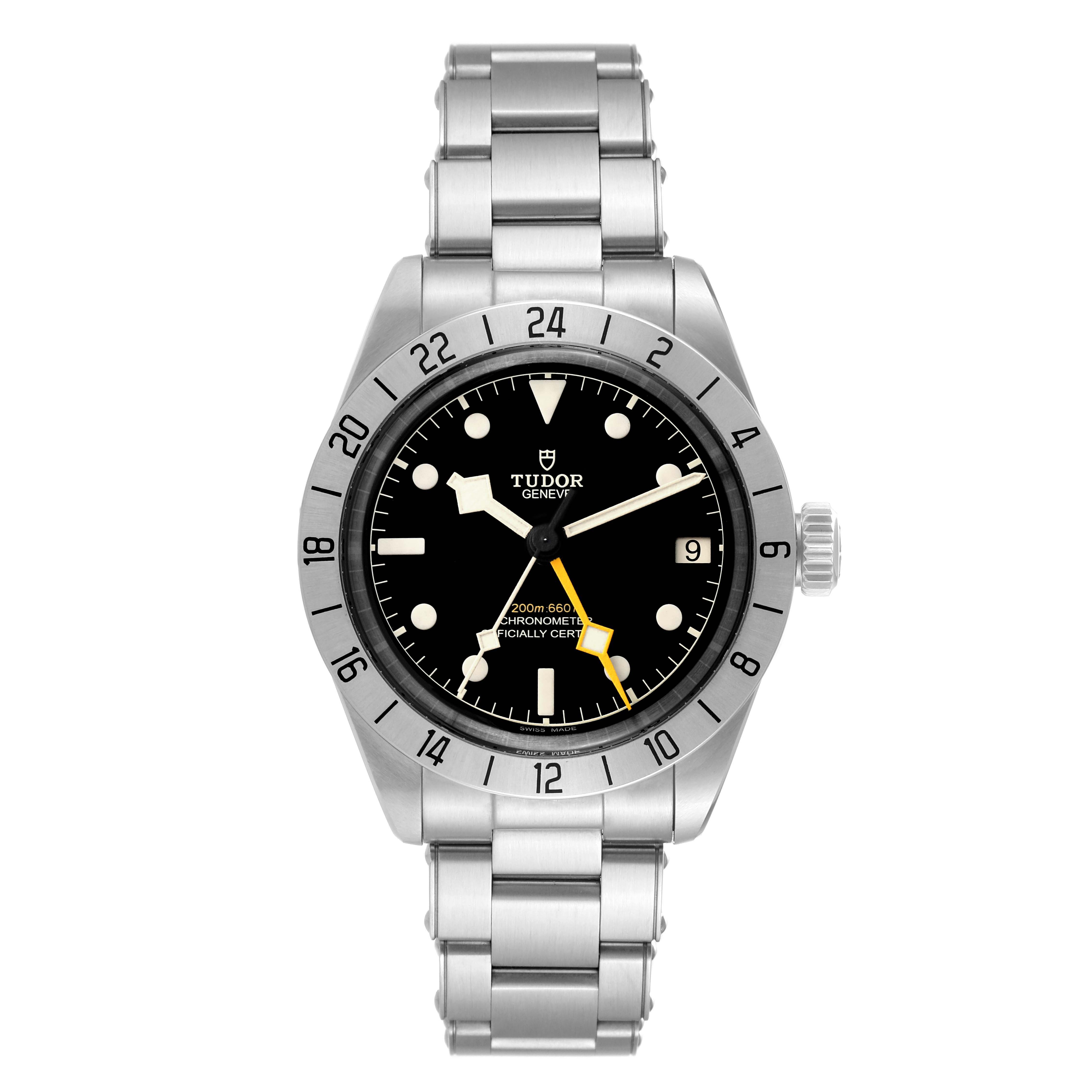 This is a front view of the Tudor Heritage Black Bay M79470 Men
s Stainless Steel Black Dial M79470 Men
s Stainless Steel Black Dial watch showcasing the black dial, bezel, and stainless steel bracelet.