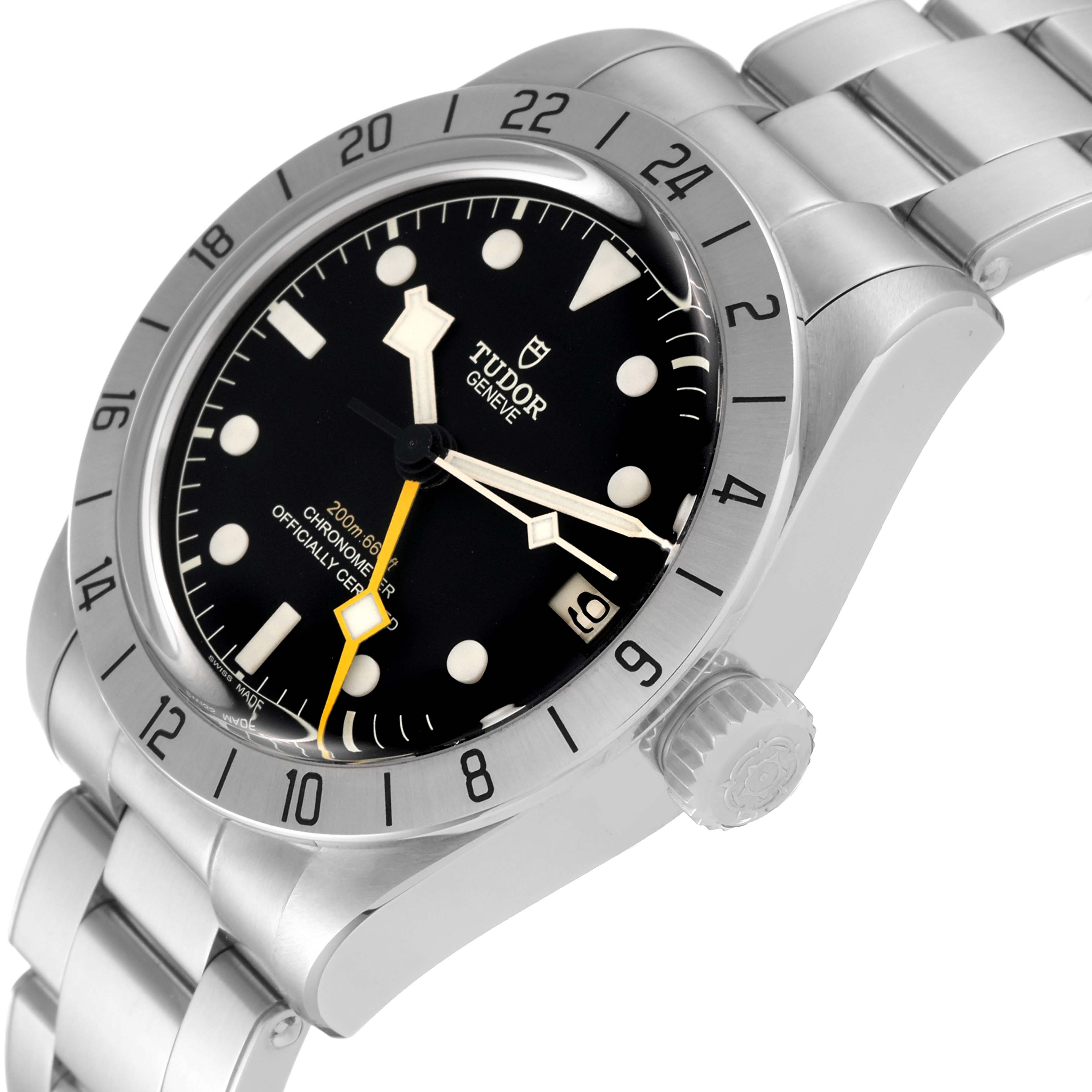 This image shows a Tudor Heritage Black Bay M79470 Men
s Stainless Steel Black Dial M79470 Men
s Stainless Steel Black Dial watch at an angled close-up, highlighting the face, bezel, and part of the bracelet.