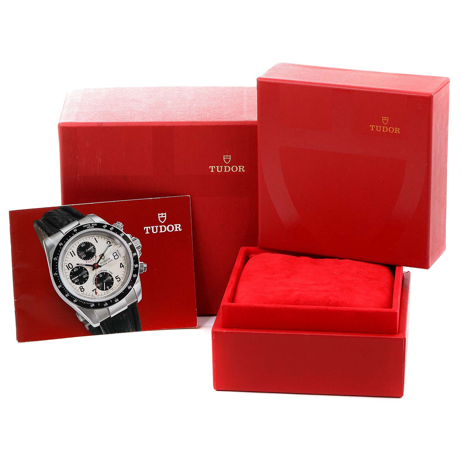 The image shows the Tudor Prince 79280 Men
s Stainless Steel Black Dial 79280 Men
s Stainless Steel Black Dial watch packaging, including the outer box, inner box, and an information booklet.