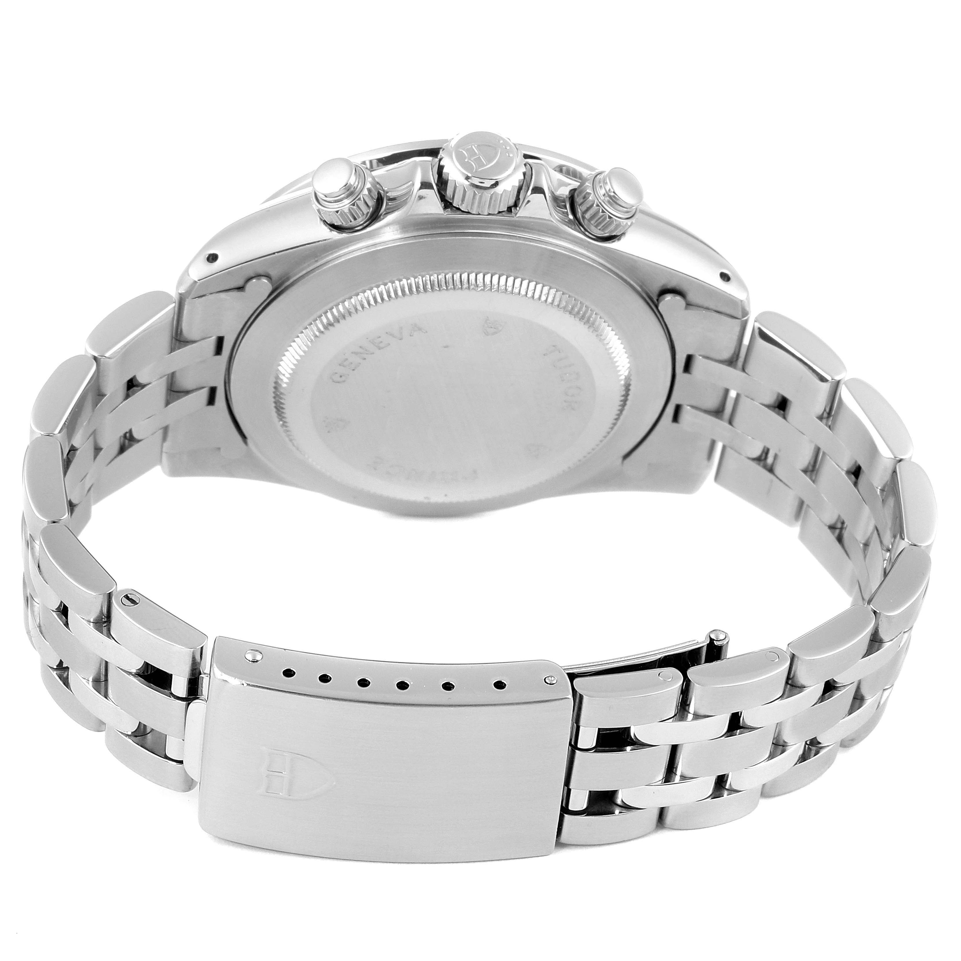 The image shows the back view of a Tudor Prince 79280 Men
s Stainless Steel Black Dial 79280 Men
s Stainless Steel Black Dial model watch, focusing on the case back, crown, pushers, and bracelet with clasp.