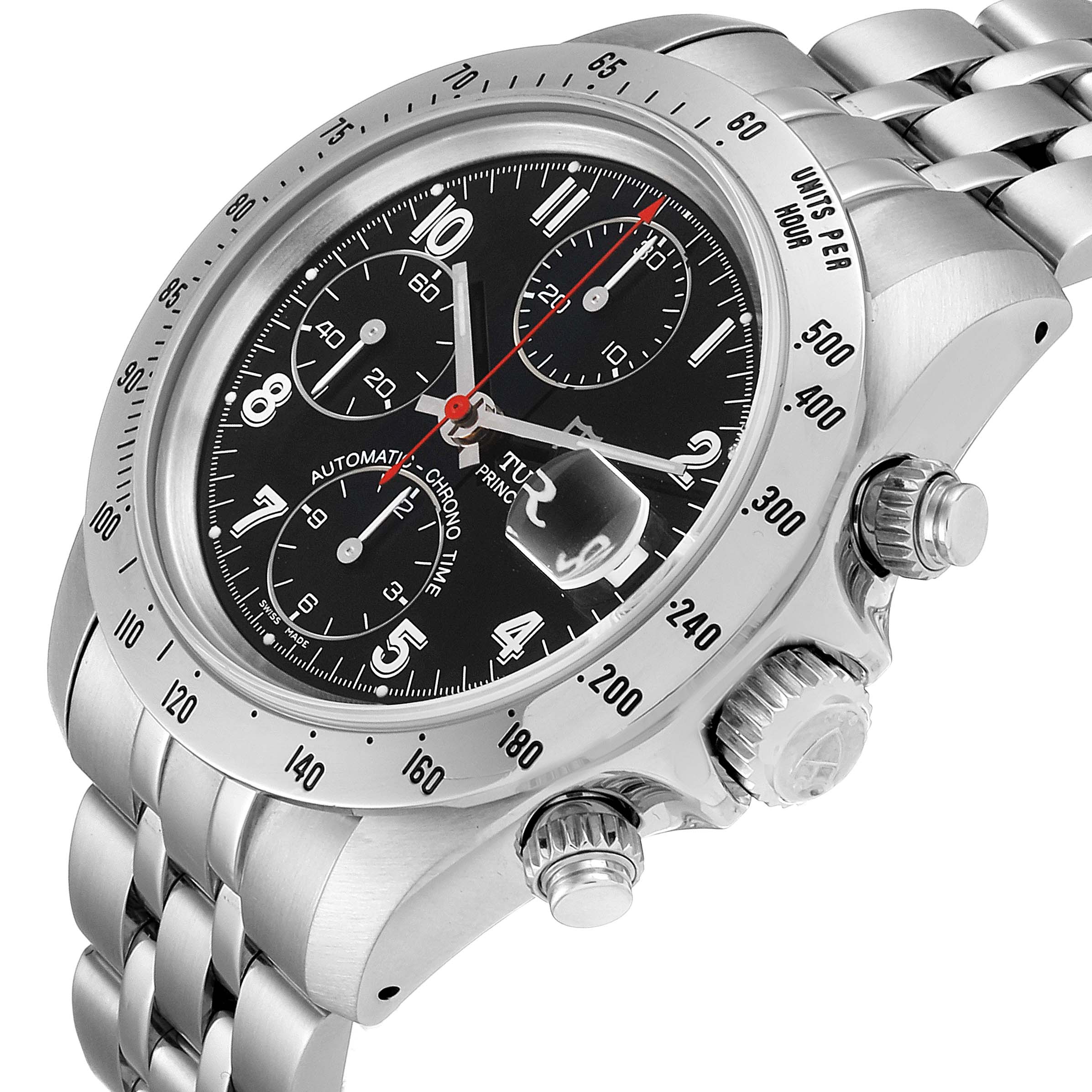 The image shows the Tudor Prince 79280 Men
s Stainless Steel Black Dial 79280 Men
s Stainless Steel Black Dial model watch at an angle, highlighting the bezel, dial, crown, and metal bracelet.