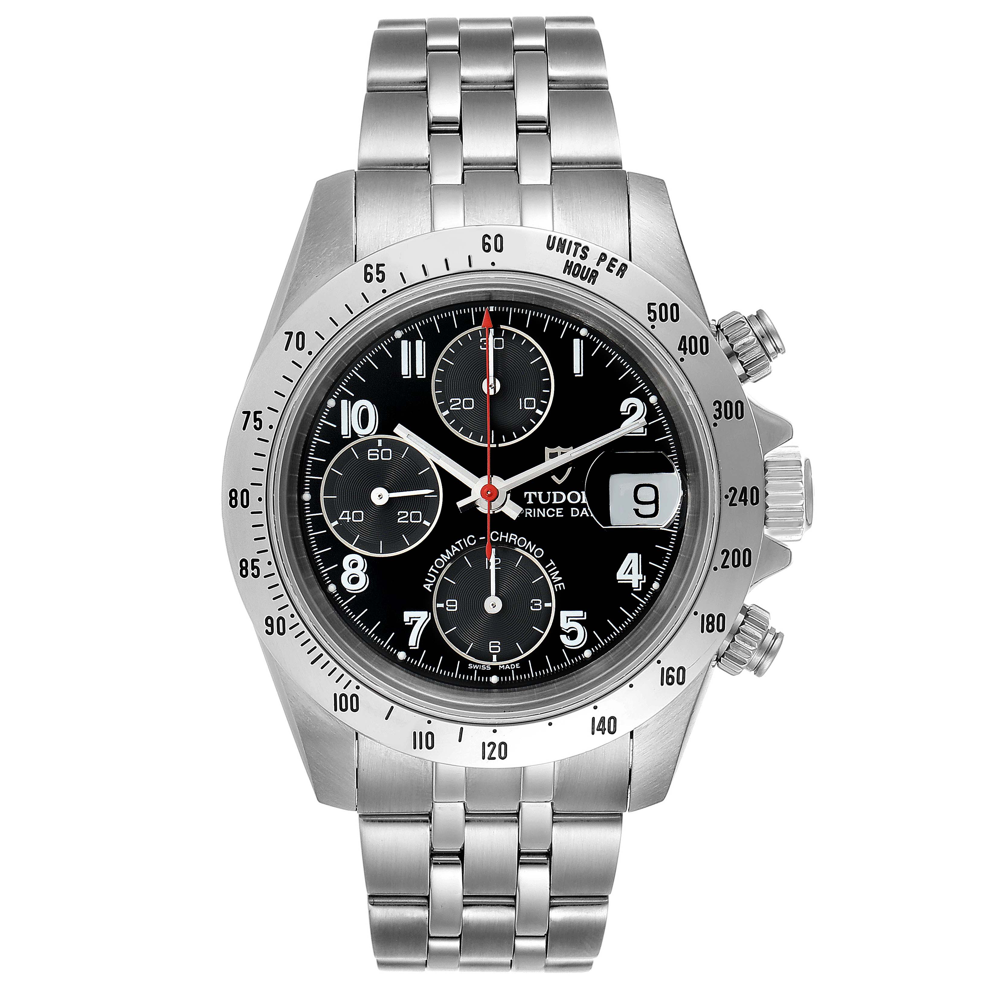 This image shows a frontal view of a Tudor Prince 79280 Men
s Stainless Steel Black Dial 79280 Men
s Stainless Steel Black Dial model watch, highlighting the dial, bezel, subdials, and bracelet.