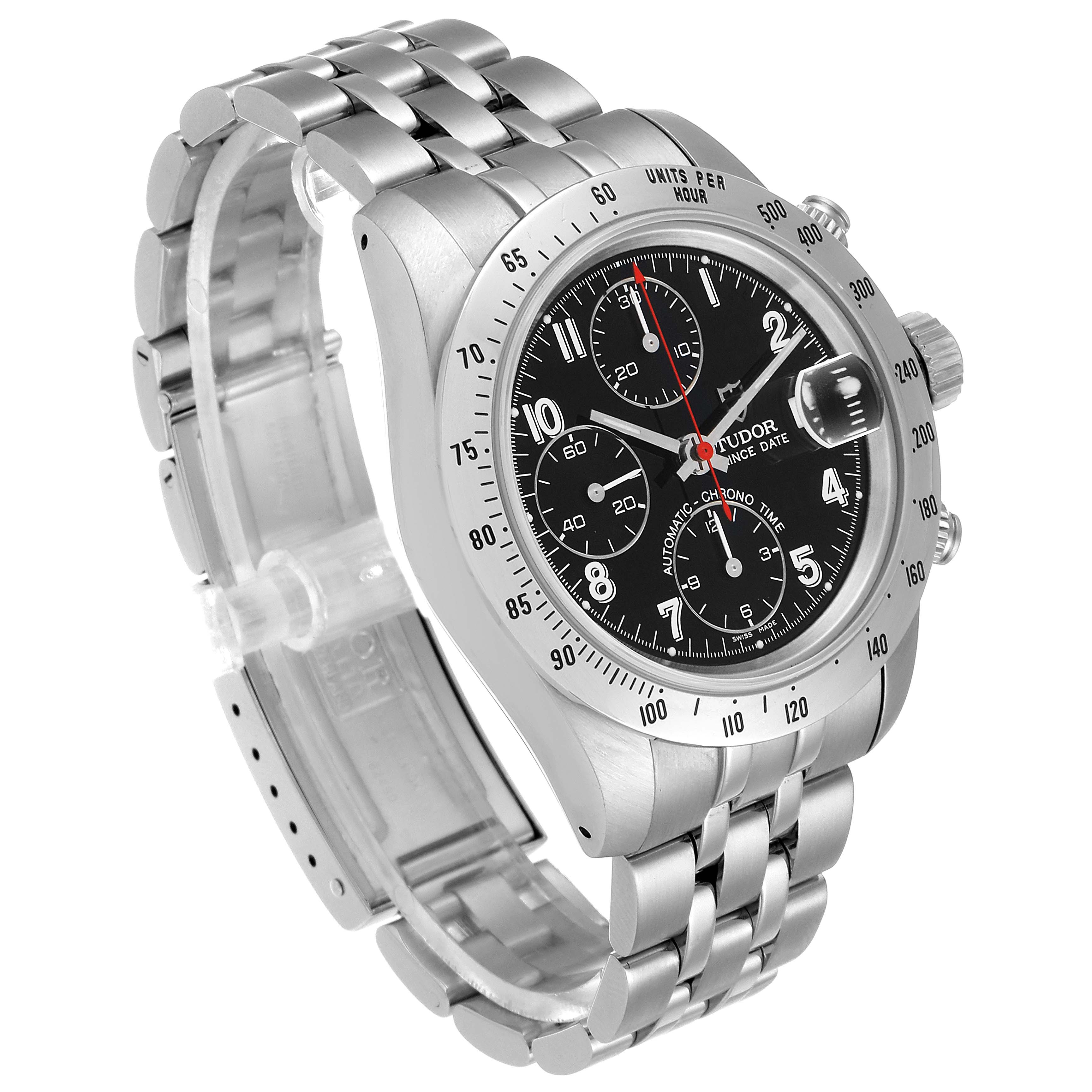 The Tudor Prince 79280 Men
s Stainless Steel Black Dial 79280 Men
s Stainless Steel Black Dial watch is shown from a three-quarter angle, displaying the dial, bezel, and bracelet.