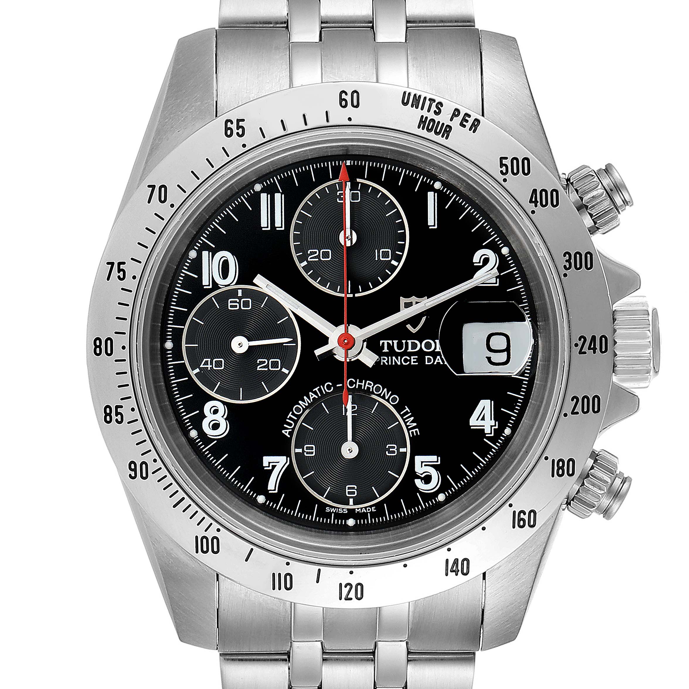 The Tudor Prince 79280 Men
s Stainless Steel Black Dial 79280 Men
s Stainless Steel Black Dial model watch is shown from a front angle, highlighting its face, bezel, chronograph subdials, and bracelet.