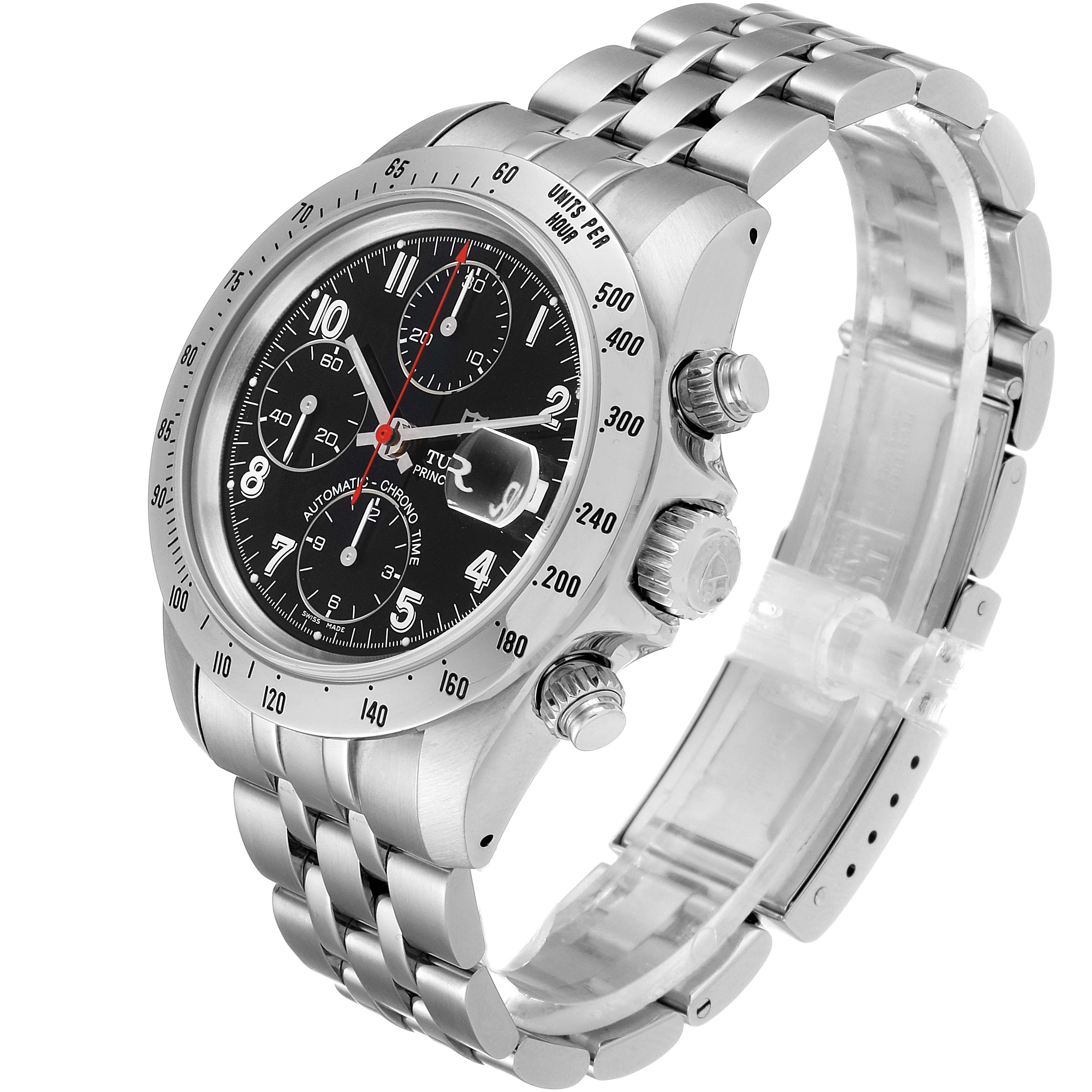 This is a side angled view of a Tudor Prince 79280 Men
s Stainless Steel Black Dial 79280 Men
s Stainless Steel Black Dial model watch, showing the face, bezel, crown, and bracelet.