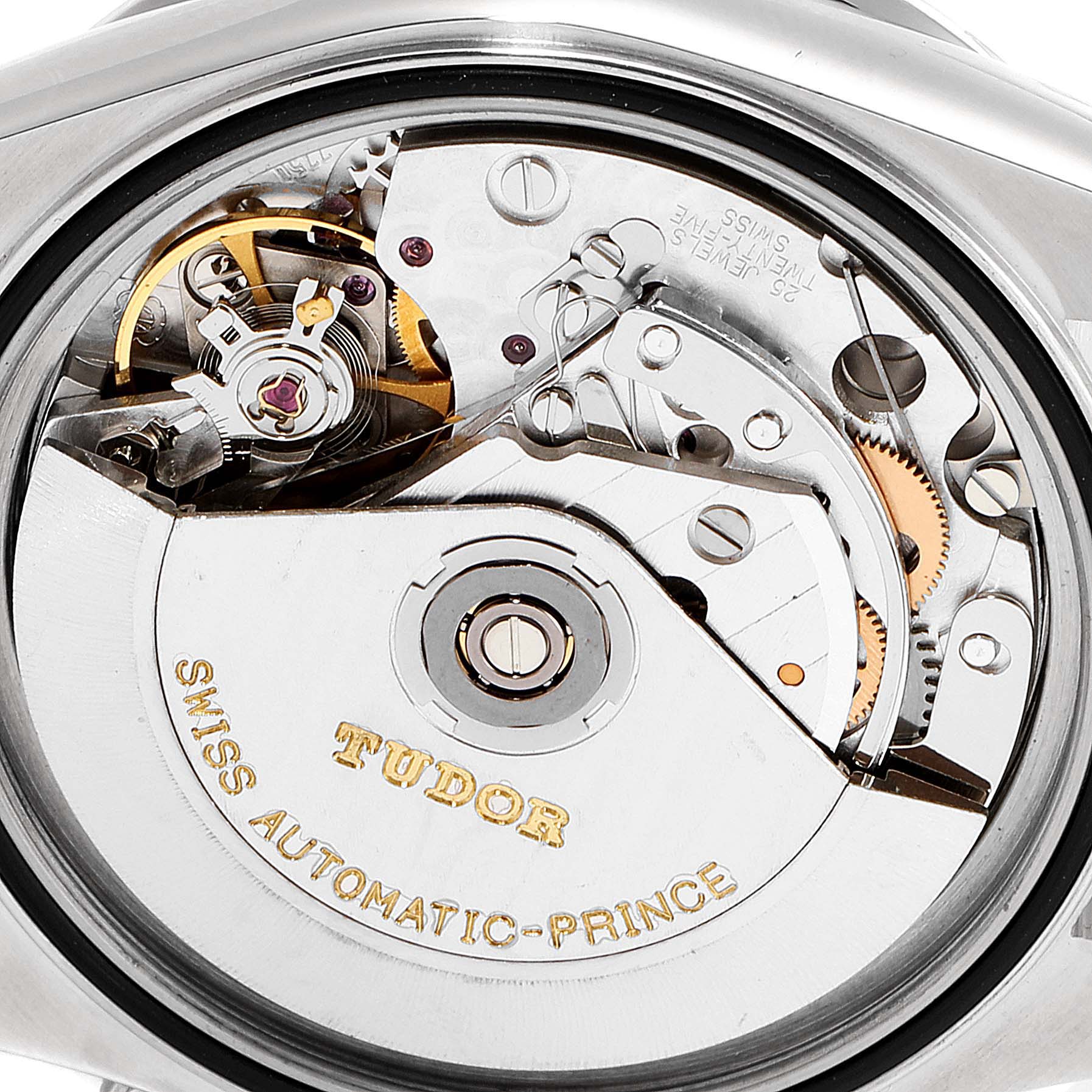 This image shows the intricate internal movement of the Tudor Prince 79280 Men
s Stainless Steel Black Dial 79280 Men
s Stainless Steel Black Dial model watch, viewed from the back.