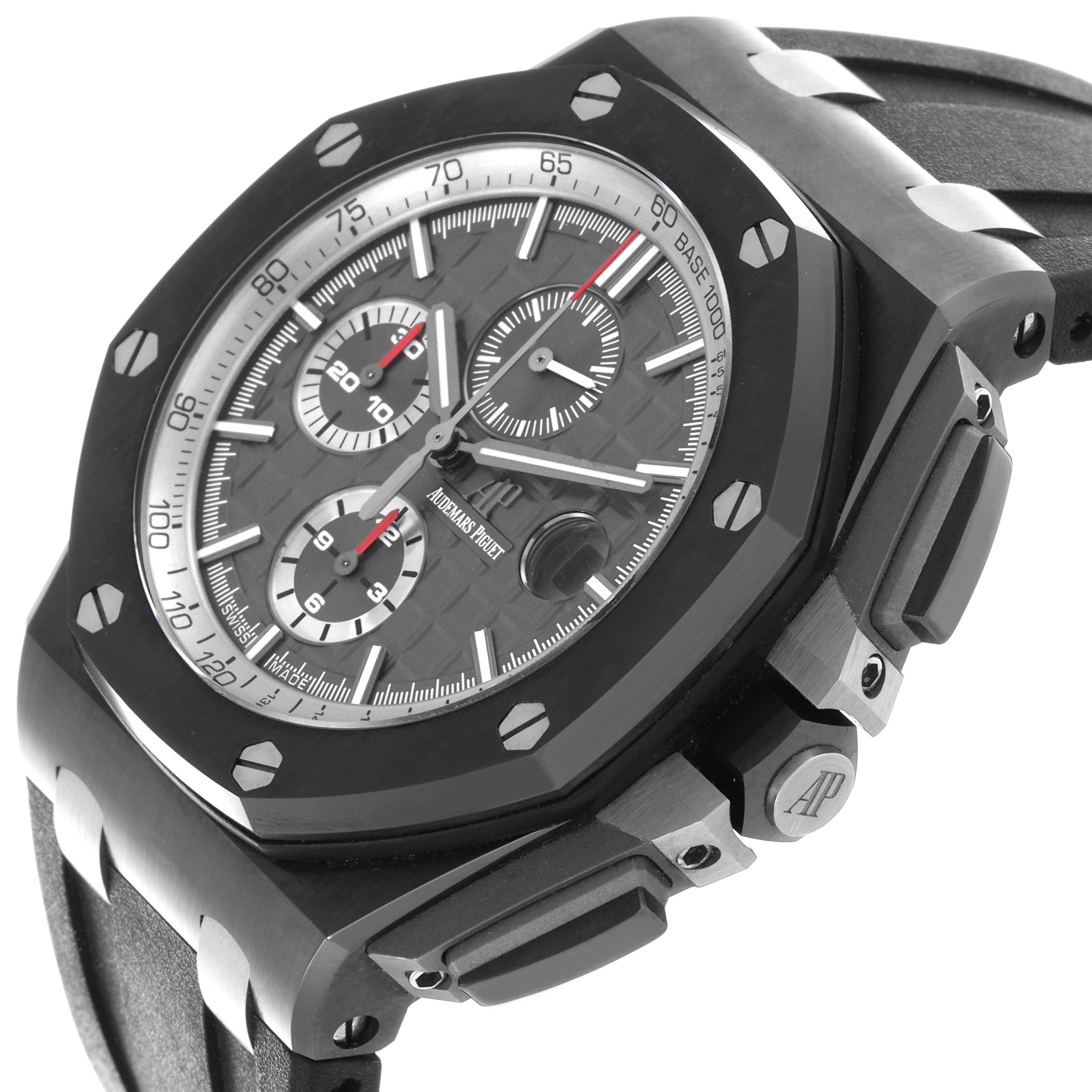 The Audemars Piguet Royal Oak Offshore 26405CE.OO.A002CA.01 Men's Ceramic Grey Dial 26405CE.OO.A002CA.01 Men's Ceramic Grey Dial is shown from a front-right angle, highlighting the case, bezel, and chronograph dials.