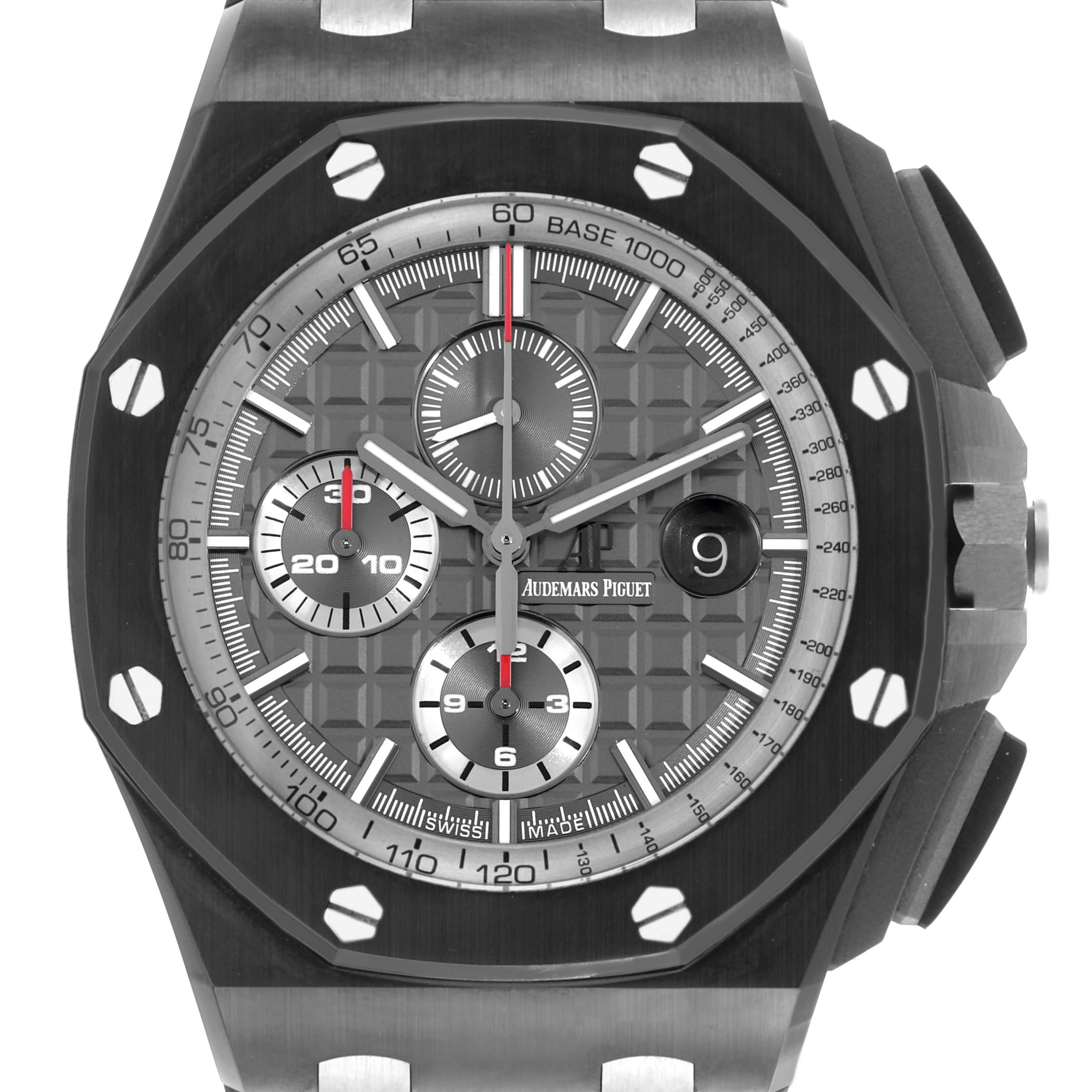The image shows a front view of the Audemars Piguet Royal Oak Offshore 26405CE.OO.A002CA.01 Men's Ceramic Grey Dial 26405CE.OO.A002CA.01 Men's Ceramic Grey Dial watch, highlighting the dial, bezel, and chronograph subdials.