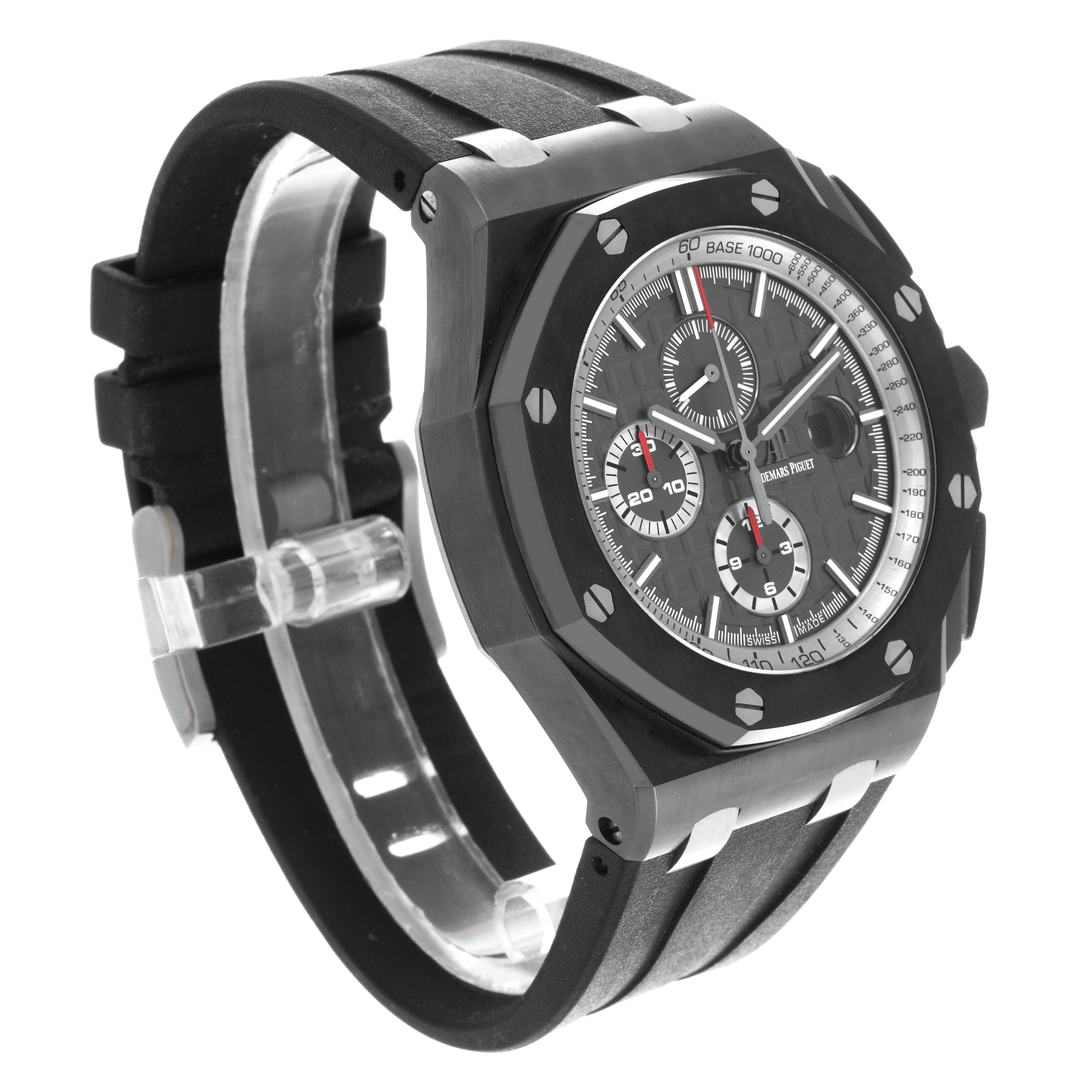 The Audemars Piguet Royal Oak Offshore 26405CE.OO.A002CA.01 Men's Ceramic Grey Dial 26405CE.OO.A002CA.01 Men's Ceramic Grey Dial is shown from a side angle, highlighting the dial, bezel, and rubber strap.