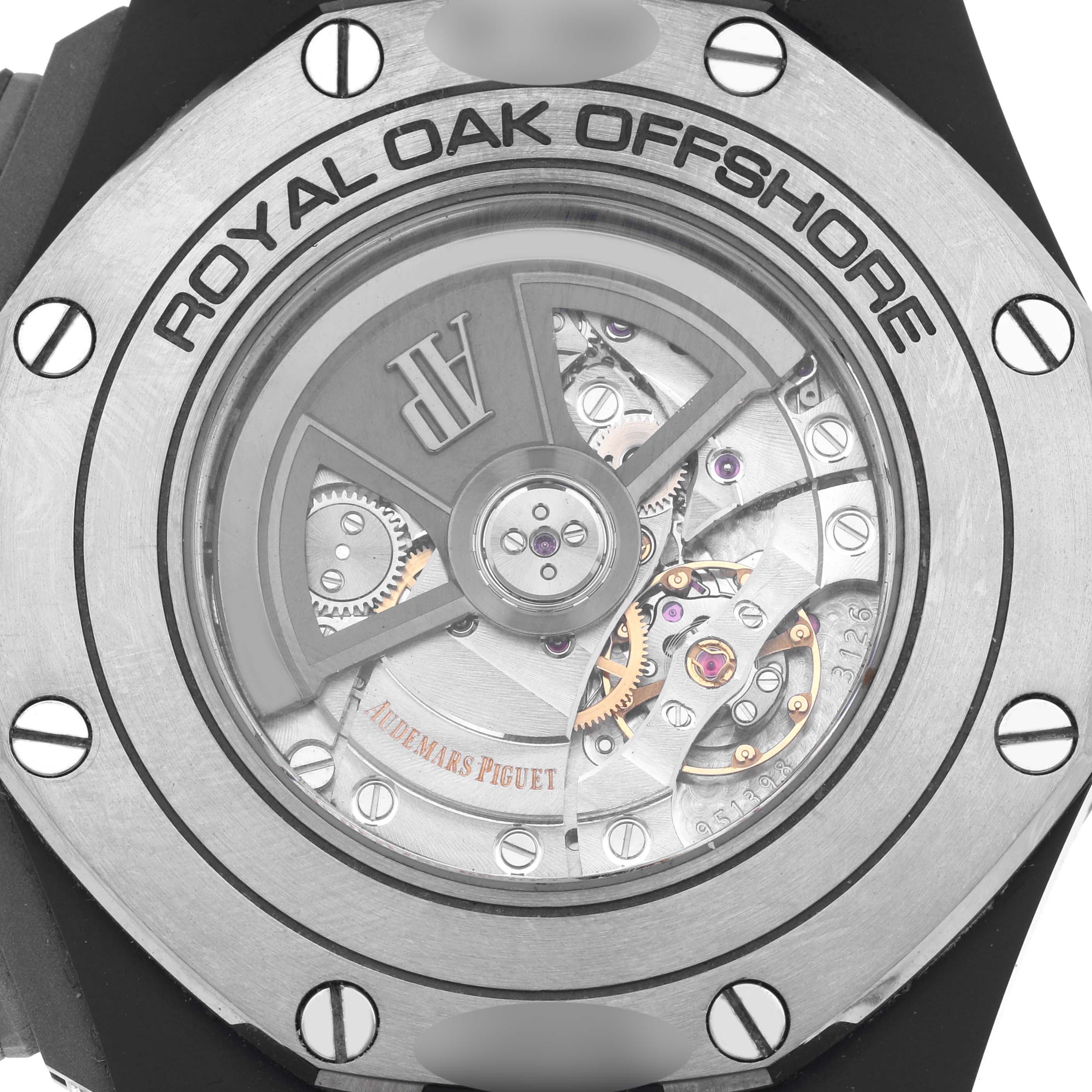 The image shows the back side of the Audemars Piguet Royal Oak Offshore 26405CE.OO.A002CA.01 Men's Ceramic Grey Dial 26405CE.OO.A002CA.01 Men's Ceramic Grey Dial, displaying its movement and transparent case back.
