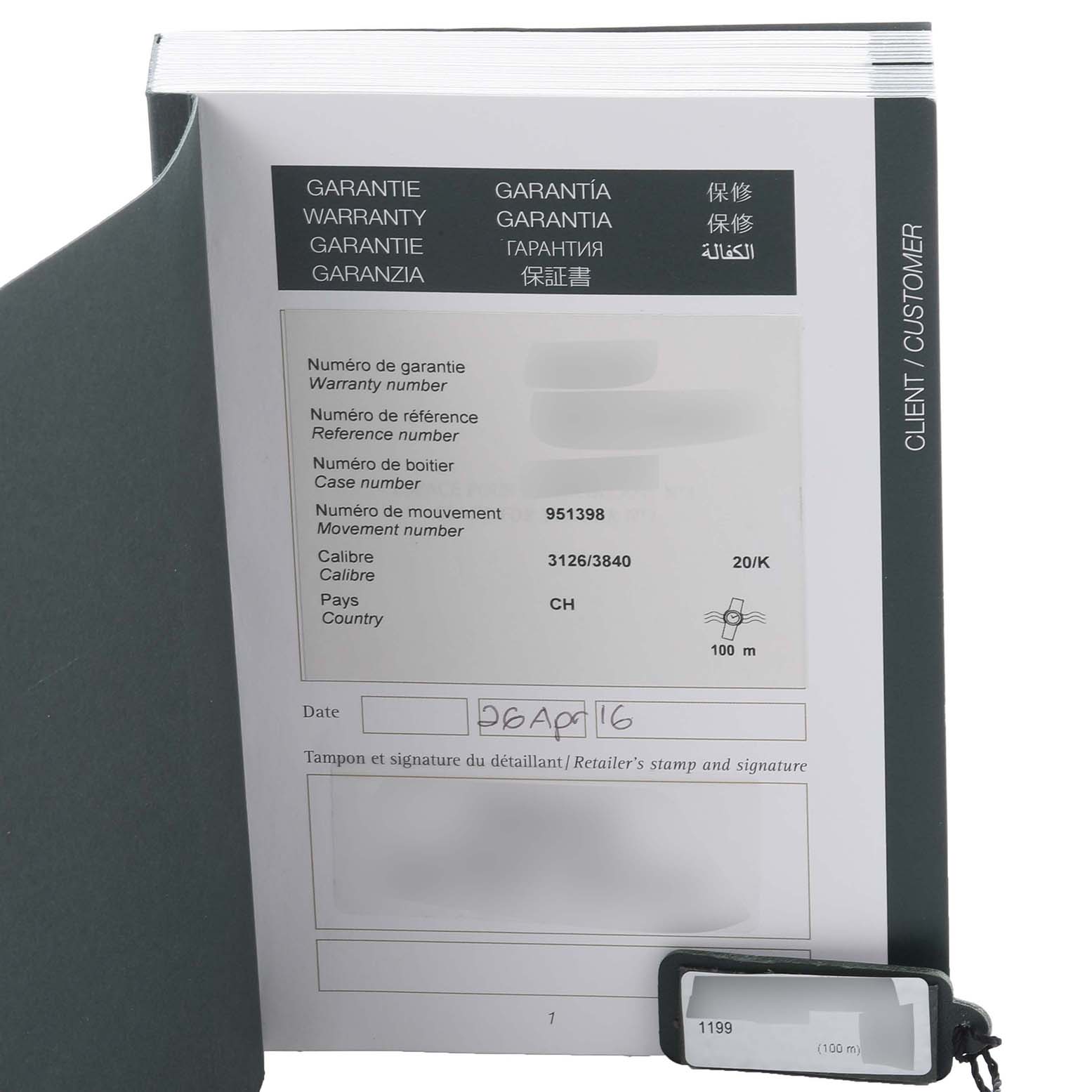 The image shows the warranty documentation and tag for a Royal Oak Offshore by Audemars Piguet.
