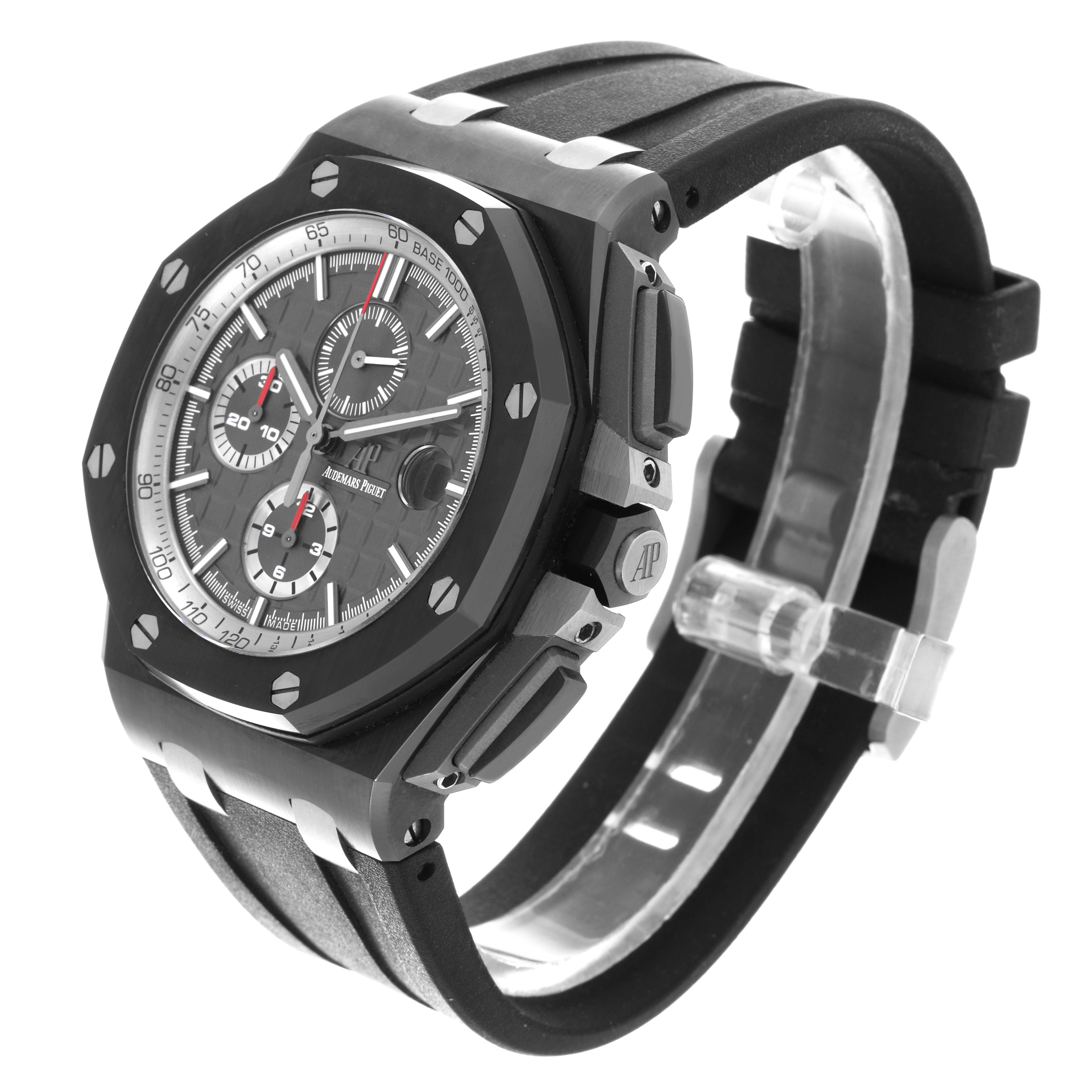 The Audemars Piguet Royal Oak Offshore 26405CE.OO.A002CA.01 Men's Ceramic Grey Dial 26405CE.OO.A002CA.01 Men's Ceramic Grey Dial is shown at an angle highlighting the watch face, bezel, side buttons, and rubber strap.