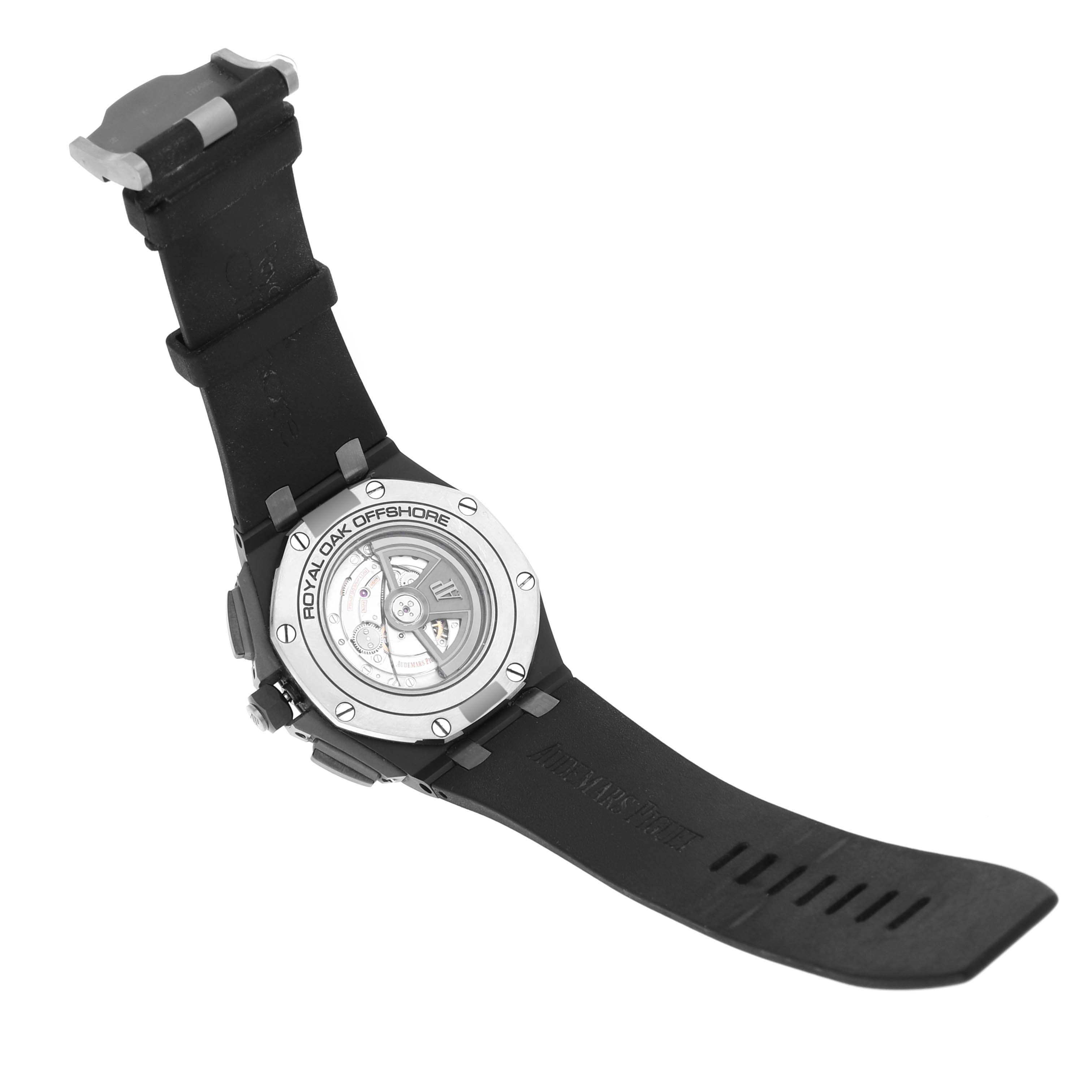 The Audemars Piguet Royal Oak Offshore 26405CE.OO.A002CA.01 Men's Ceramic Grey Dial 26405CE.OO.A002CA.01 Men's Ceramic Grey Dial is shown from the back, displaying the open case back and part of the black strap.