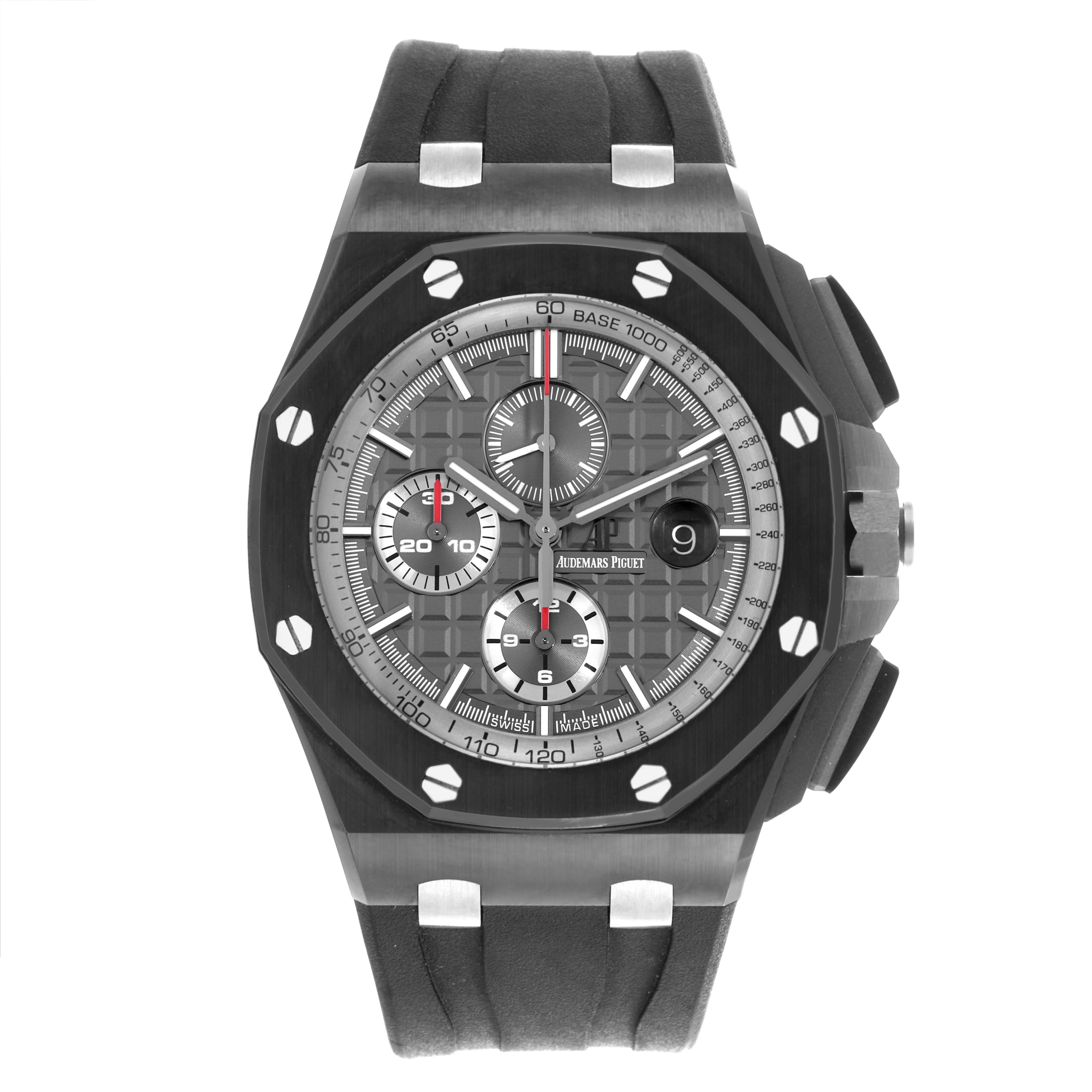 The Audemars Piguet Royal Oak Offshore 26405CE.OO.A002CA.01 Men's Ceramic Grey Dial 26405CE.OO.A002CA.01 Men's Ceramic Grey Dial watch is shown from the front, displaying the dial, bezel, and part of the strap.