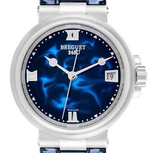 The Breguet 9517ST/E2/984 Women's Stainless Steel Blue Dial Marine Automatic Steel Blue Dial Ladies Watch 9517ST is shown from a front angle, highlighting the dial, hands, and crown.