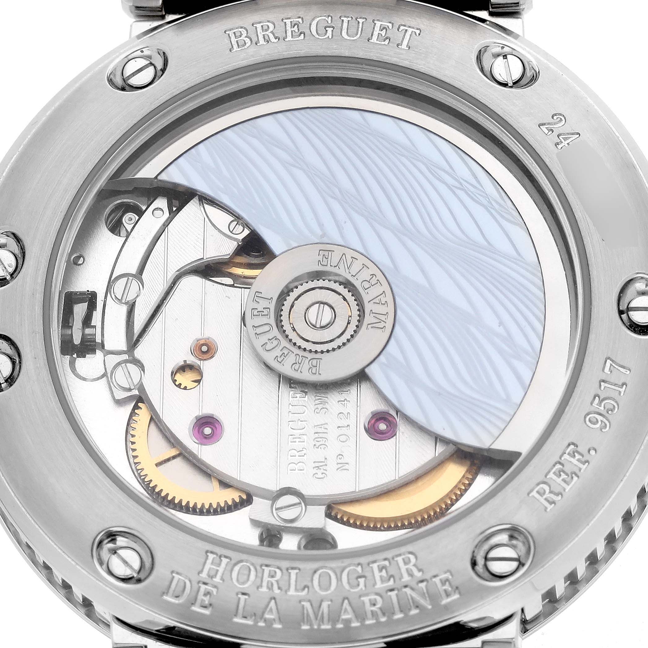 The image shows the back of the Breguet 9517ST/E2/984 Women's Stainless Steel Blue Dial 9517ST/E2/984 Women's Stainless Steel Blue Dial Marine model, highlighting the rotor and movement components.