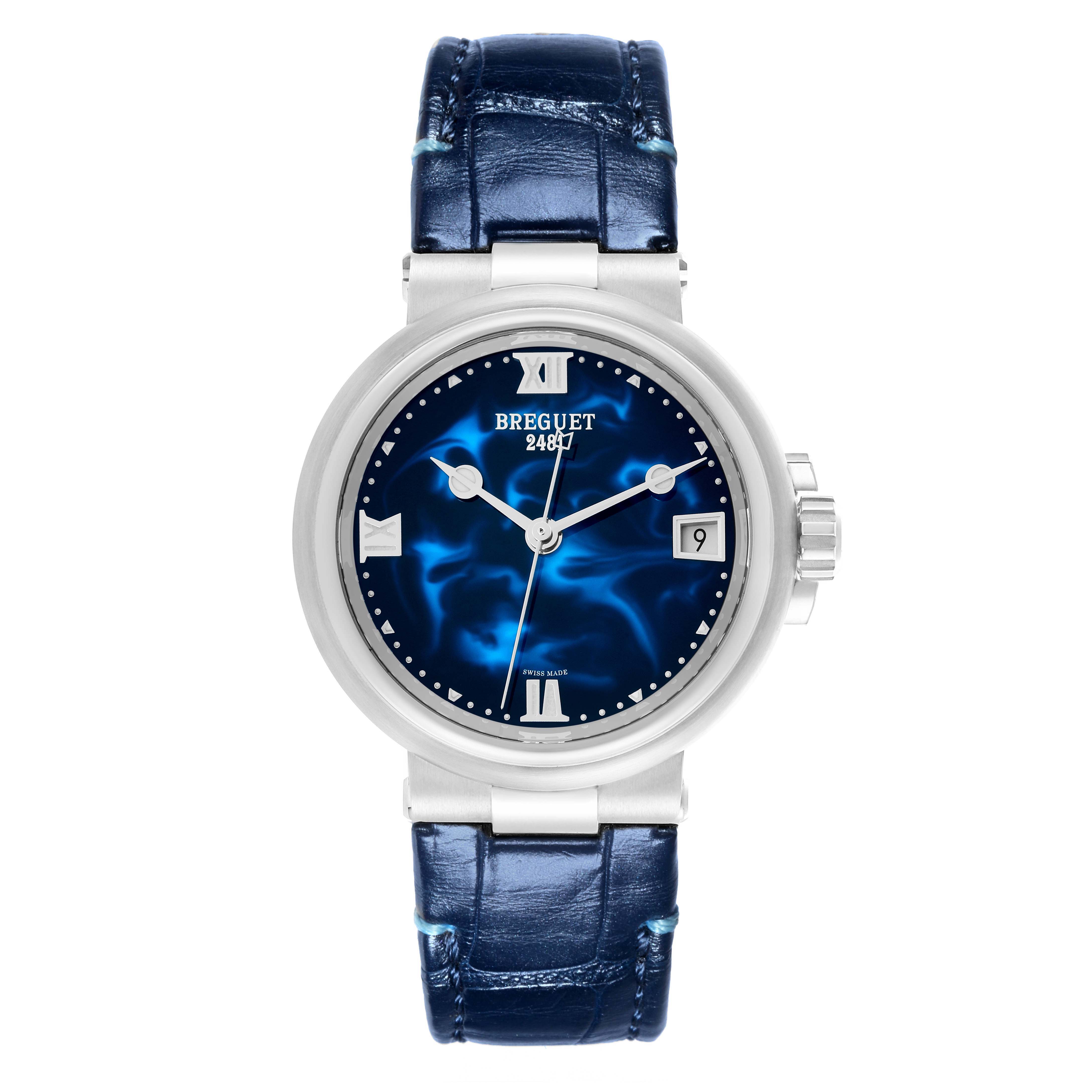 The Breguet 9517ST/E2/984 Women's Stainless Steel Blue Dial Marine Automatic Steel Blue Dial Ladies Watch 9517ST is shown from a front angle, displaying its dial, case, and blue strap.