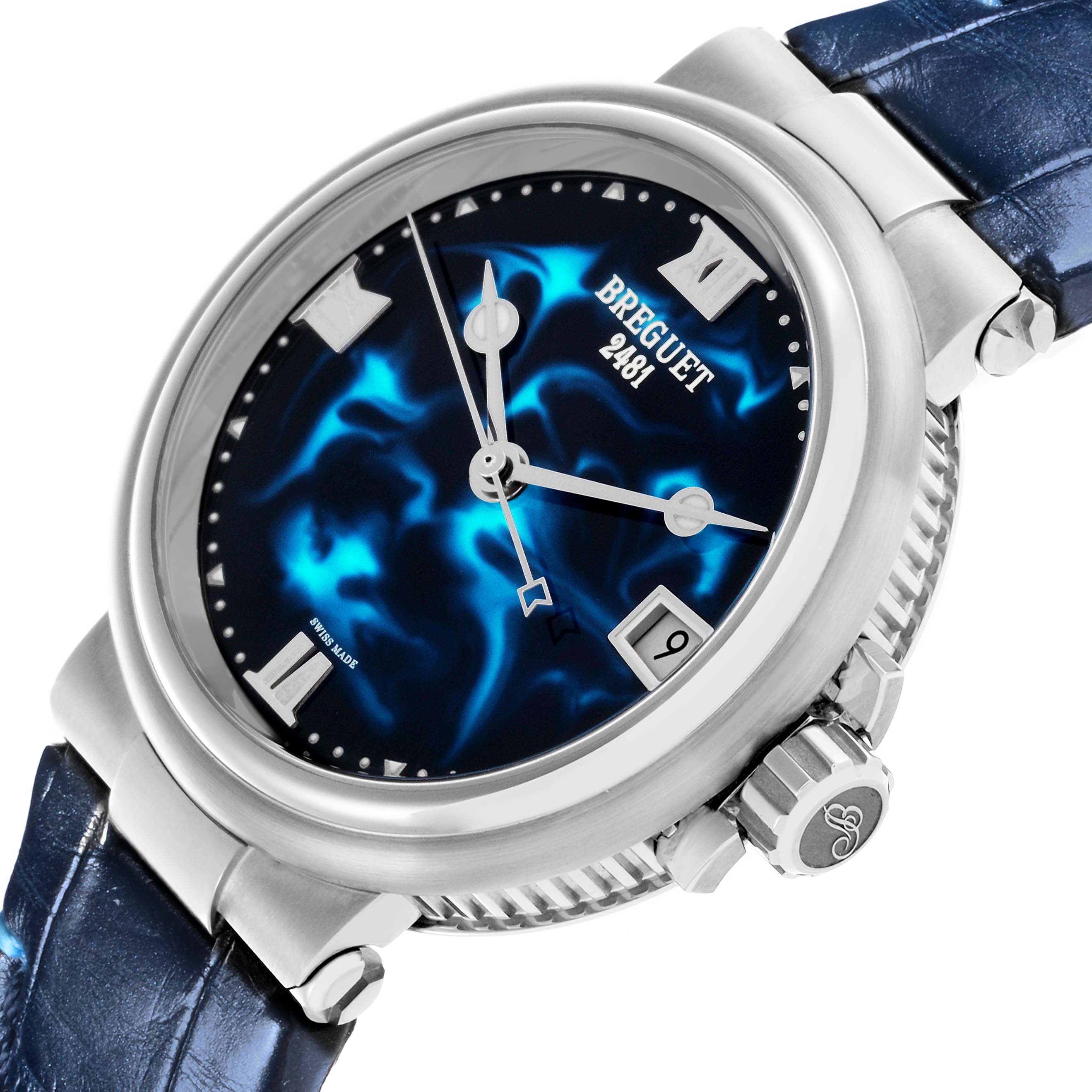 The Breguet 9517ST/E2/984 Women's Stainless Steel Blue Dial 9517ST/E2/984 Women's Stainless Steel Blue Dial Marine model is shown at an oblique angle, highlighting the dial, crown, and strap attachment.