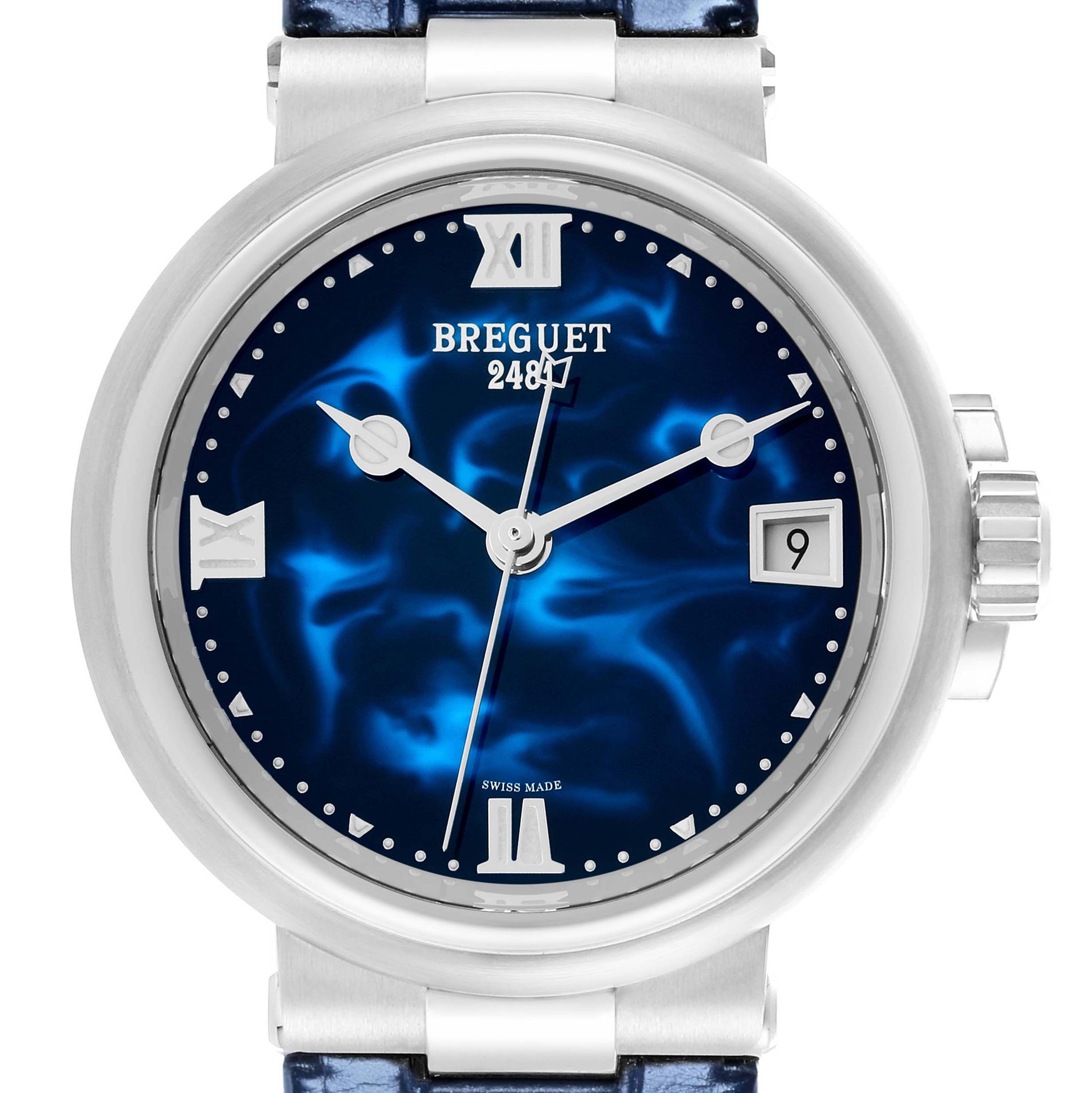 The Breguet 9517ST/E2/984 Women's Stainless Steel Blue Dial Marine Automatic Steel Blue Dial Ladies Watch 9517ST is shown from a front view, highlighting the dial and bezel.