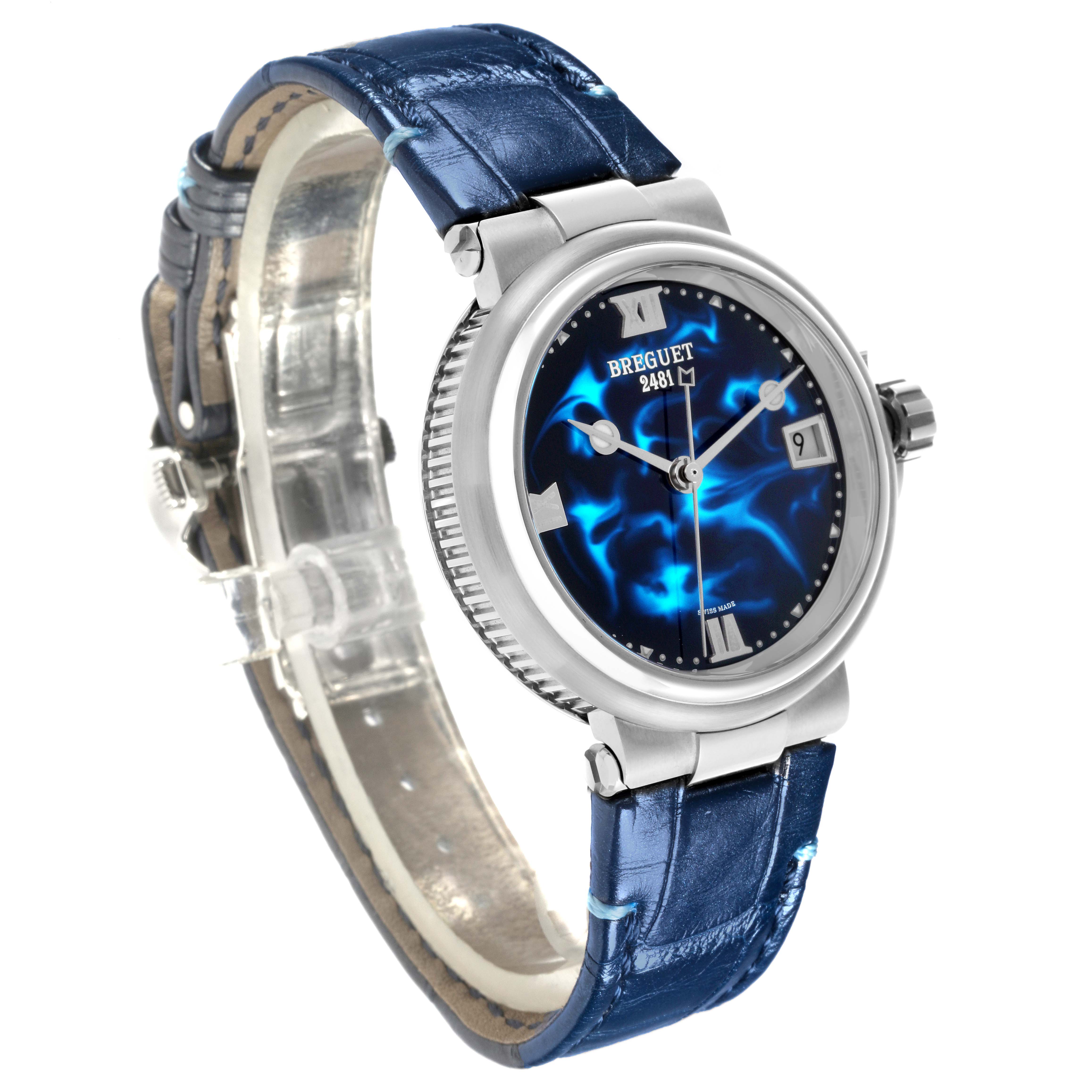 The Breguet 9517ST/E2/984 Women's Stainless Steel Blue Dial 9517ST/E2/984 Women's Stainless Steel Blue Dial Marine watch is shown at a three-quarter angle, displaying the face, crown, and part of the strap.