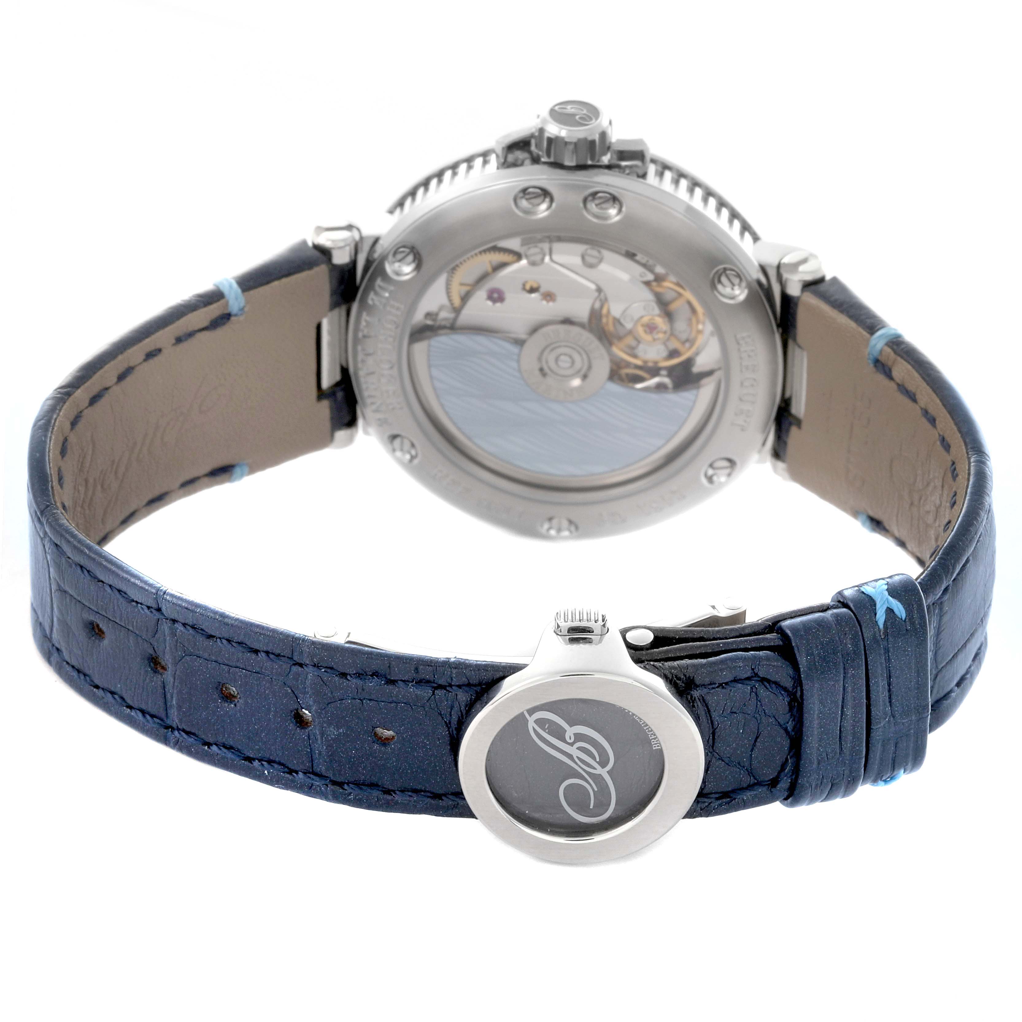 The image shows the back of the Breguet 9517ST/E2/984 Women's Stainless Steel Blue Dial Marine Automatic Steel Blue Dial Ladies Watch 9517ST, featuring the case back and blue leather strap.