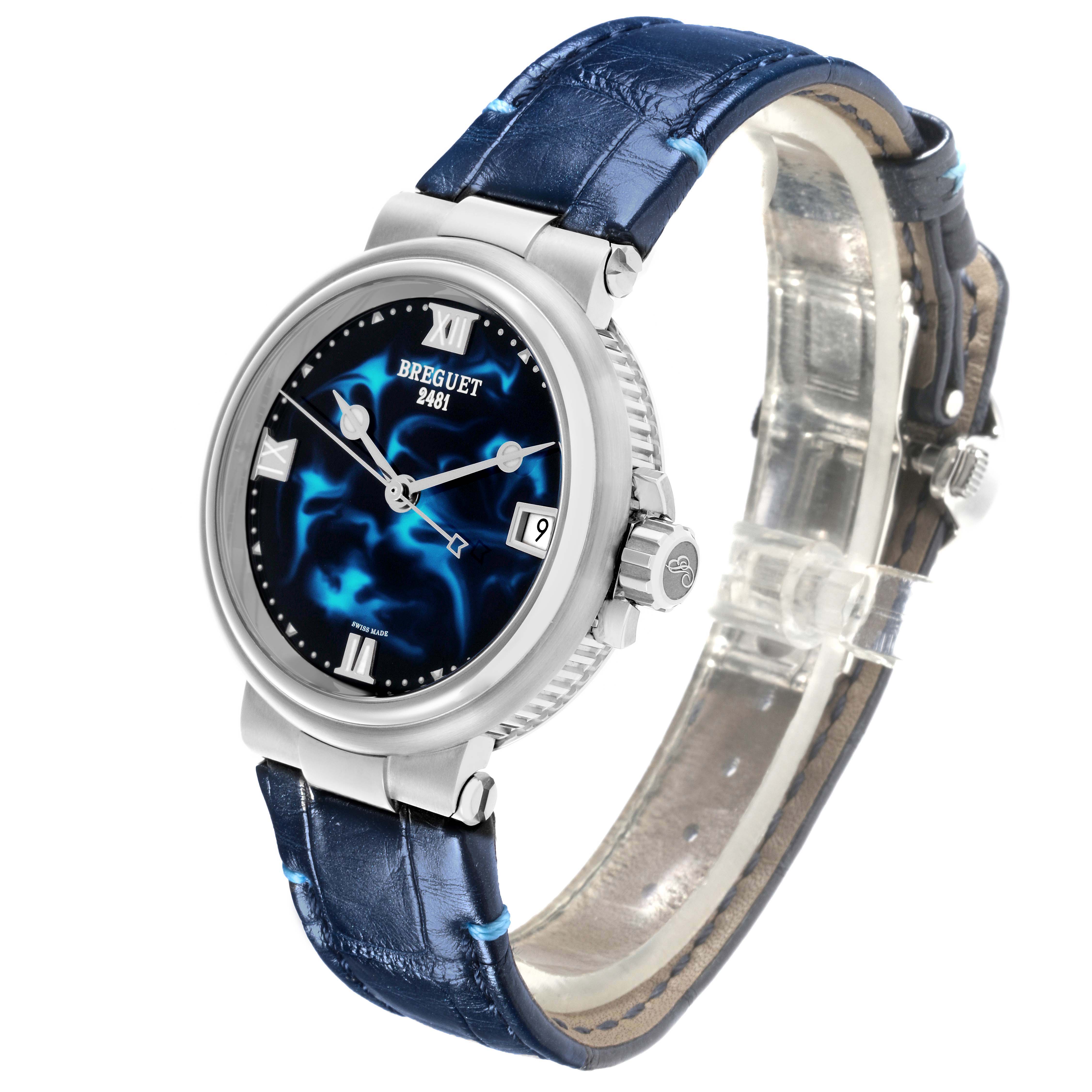 The Breguet 9517ST/E2/984 Women's Stainless Steel Blue Dial Marine Automatic Steel Blue Dial Ladies Watch 9517ST is shown at a three-quarter angle, highlighting its dial and band.