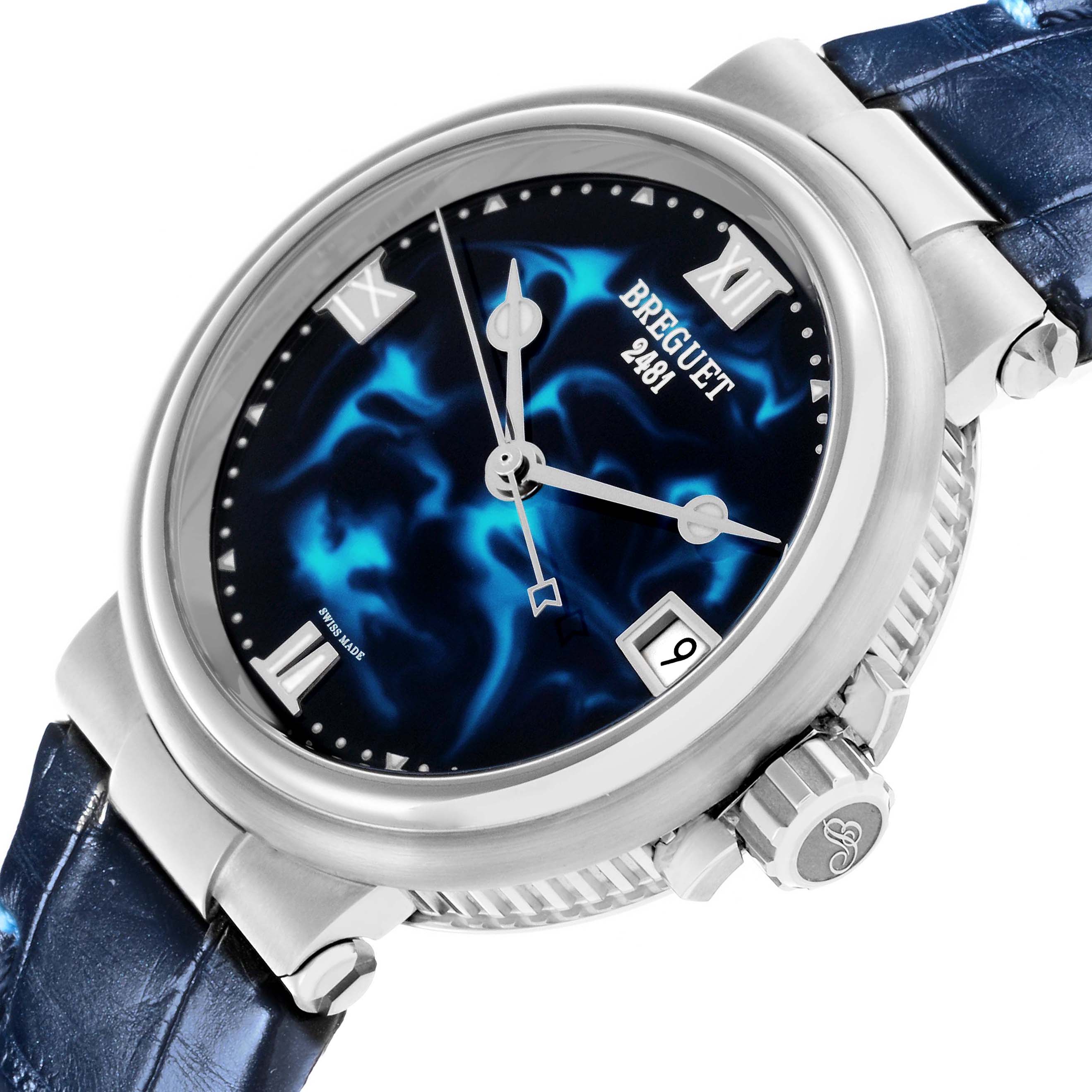 The Breguet 9517ST/E2/984 Women's Stainless Steel Blue Dial Marine Automatic Steel Blue Dial Ladies Watch model 9517ST is shown at an angle highlighting its dial, bezel, and crown.