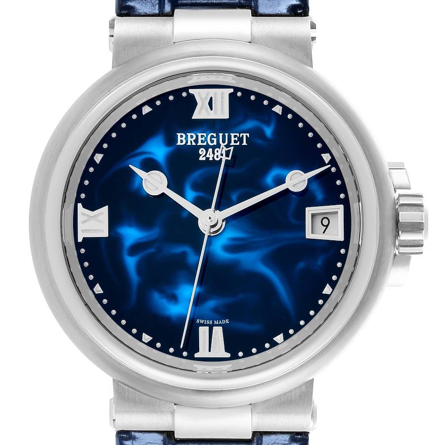 The Breguet Marine watch is shown from the front, displaying the dial, hands, Roman numerals, and date window clearly.